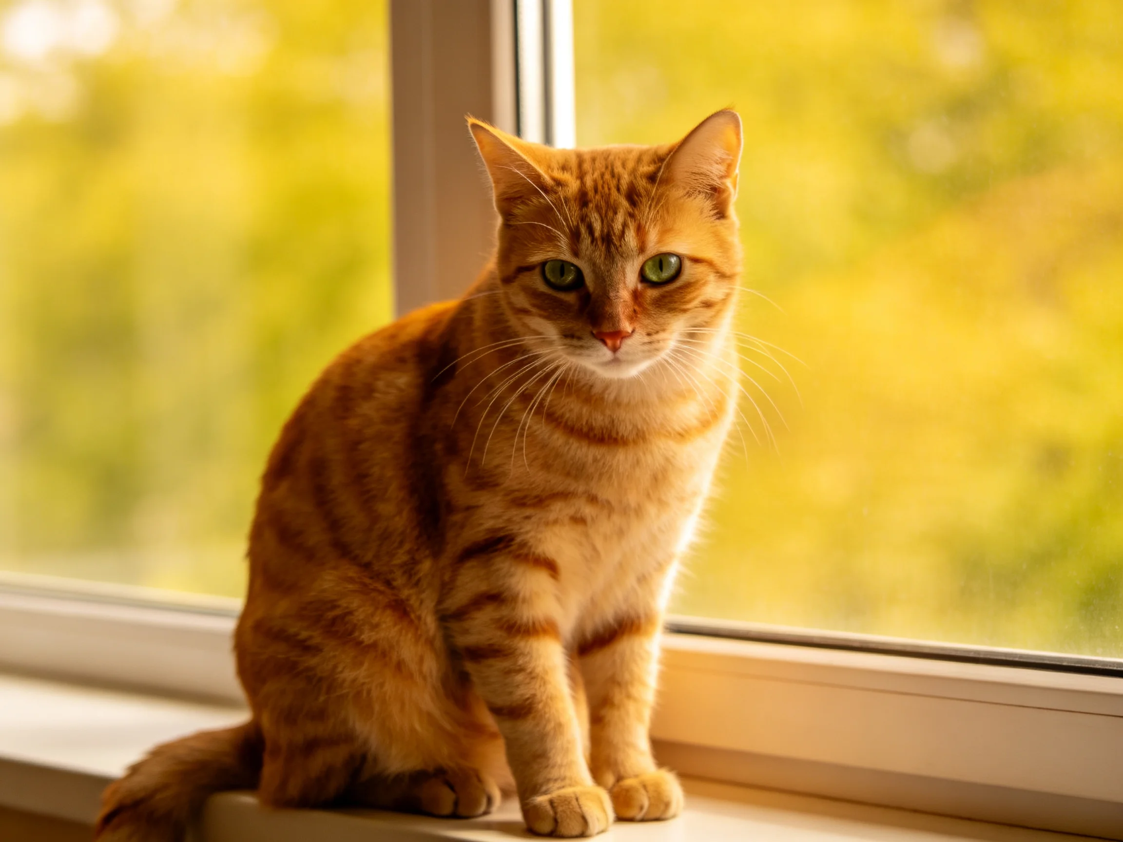 A golden-orange tabby cat sits peacefully on a sunlit windowsill.