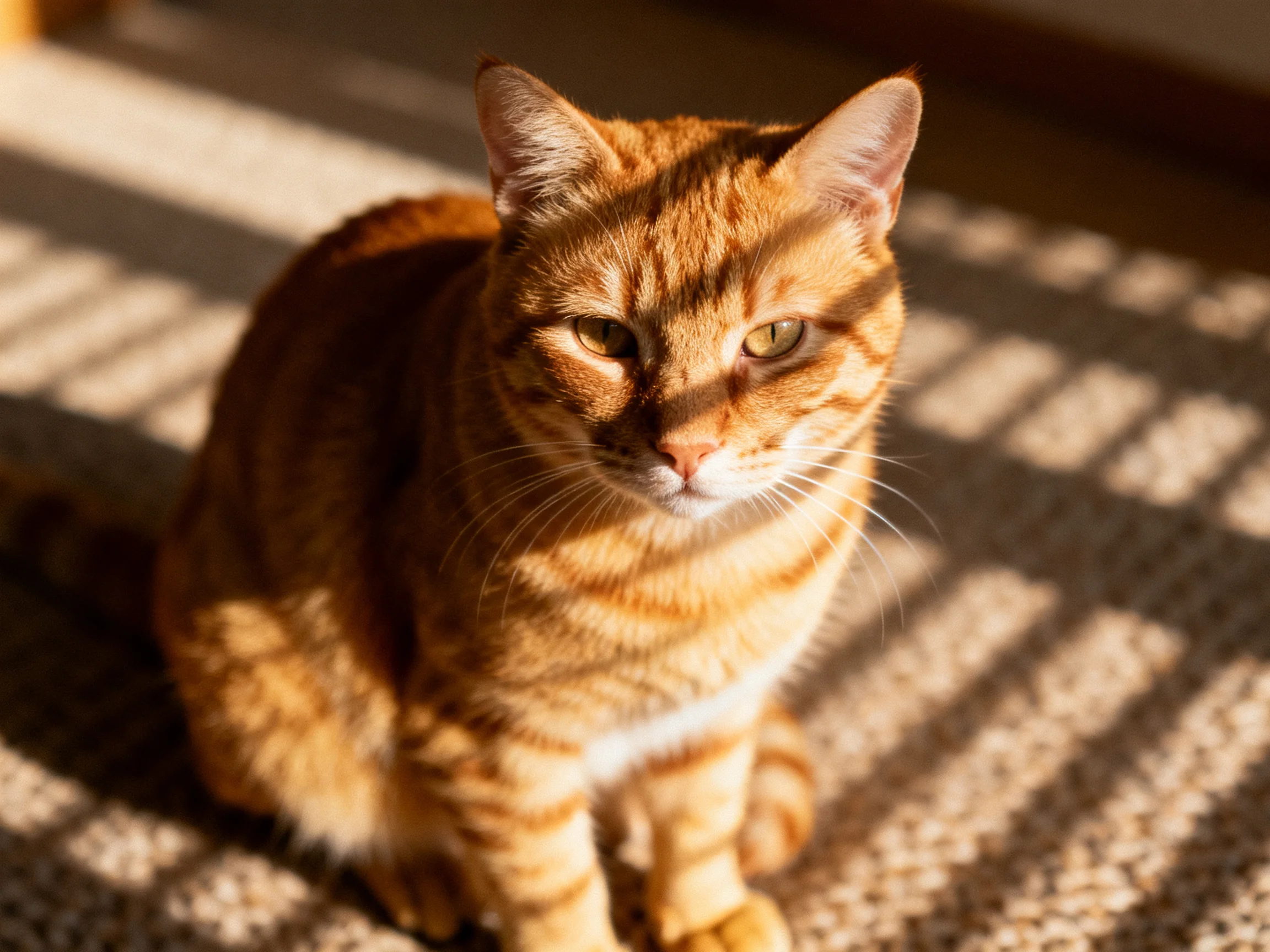 A golden-orange tabby cat sits on a rug with sunlight casting striped shadows.