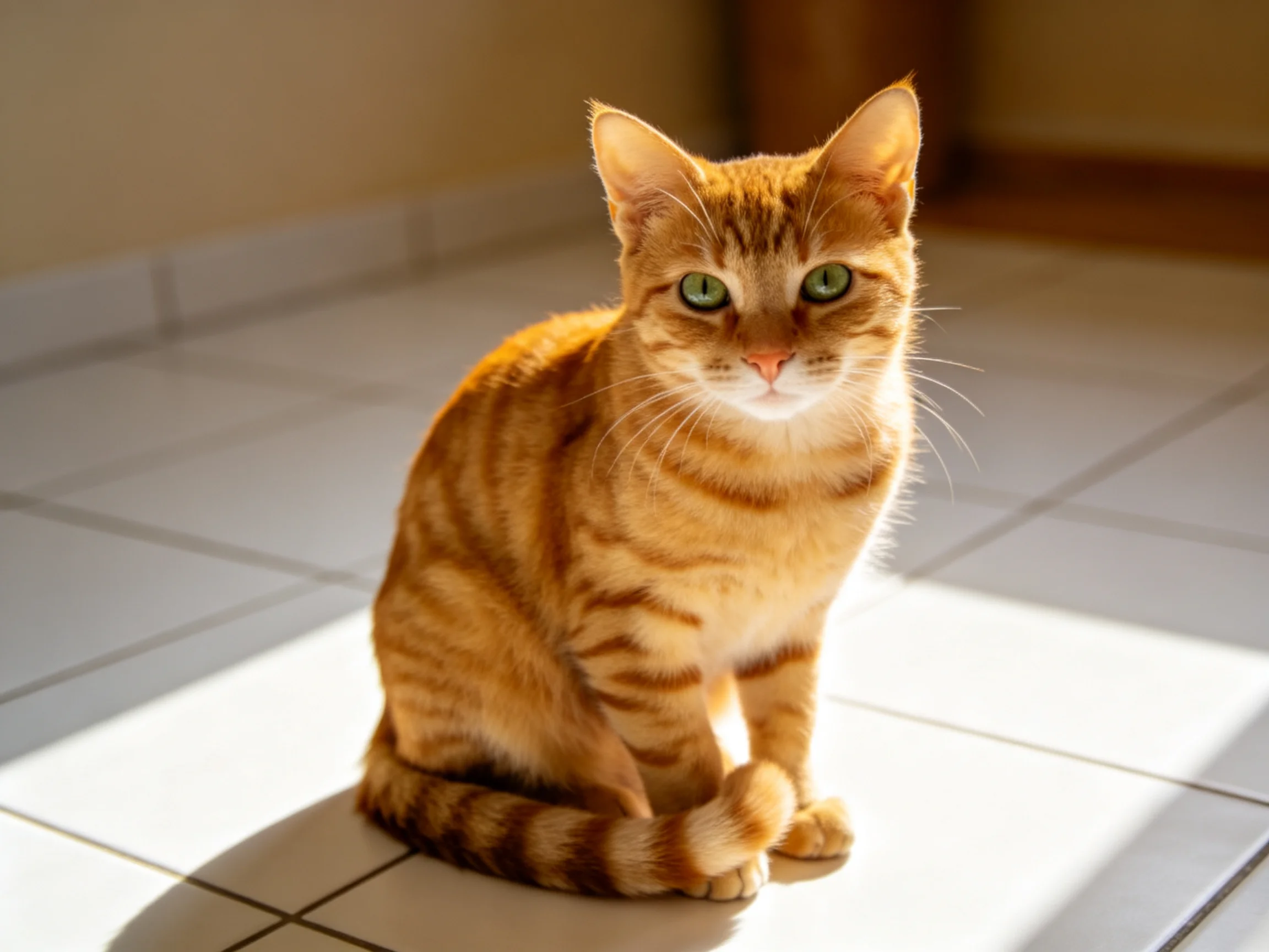 A golden-orange tabby cat sits on a white tiled floor in sunlight.