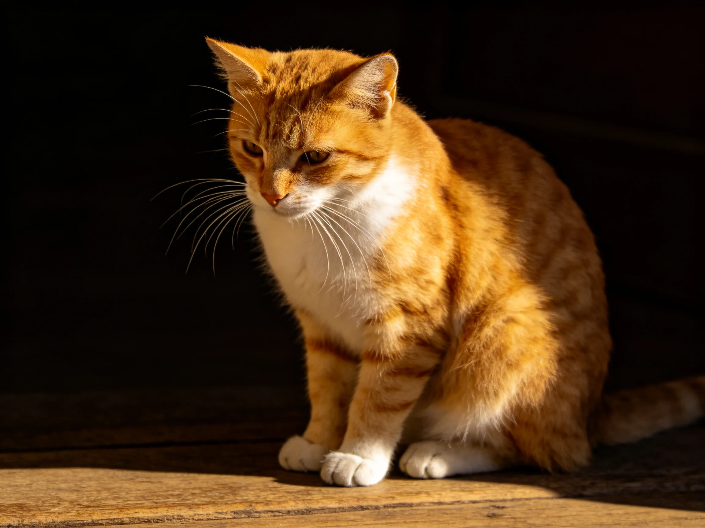 An orange and white tabby cat sits on a wooden surface with dramatic lighting