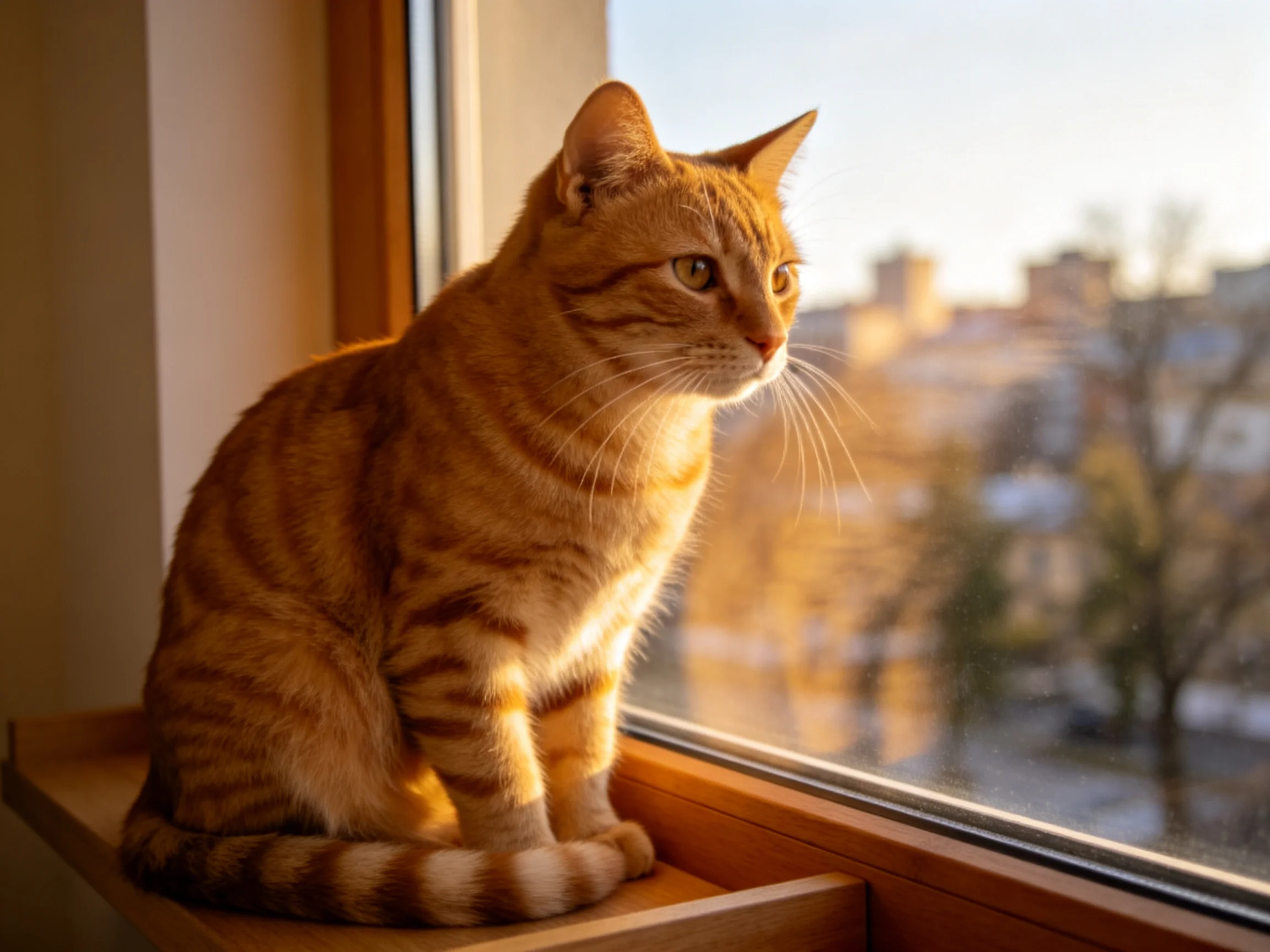 Orange tabby cat sits on wooden windowsill by sunlit window