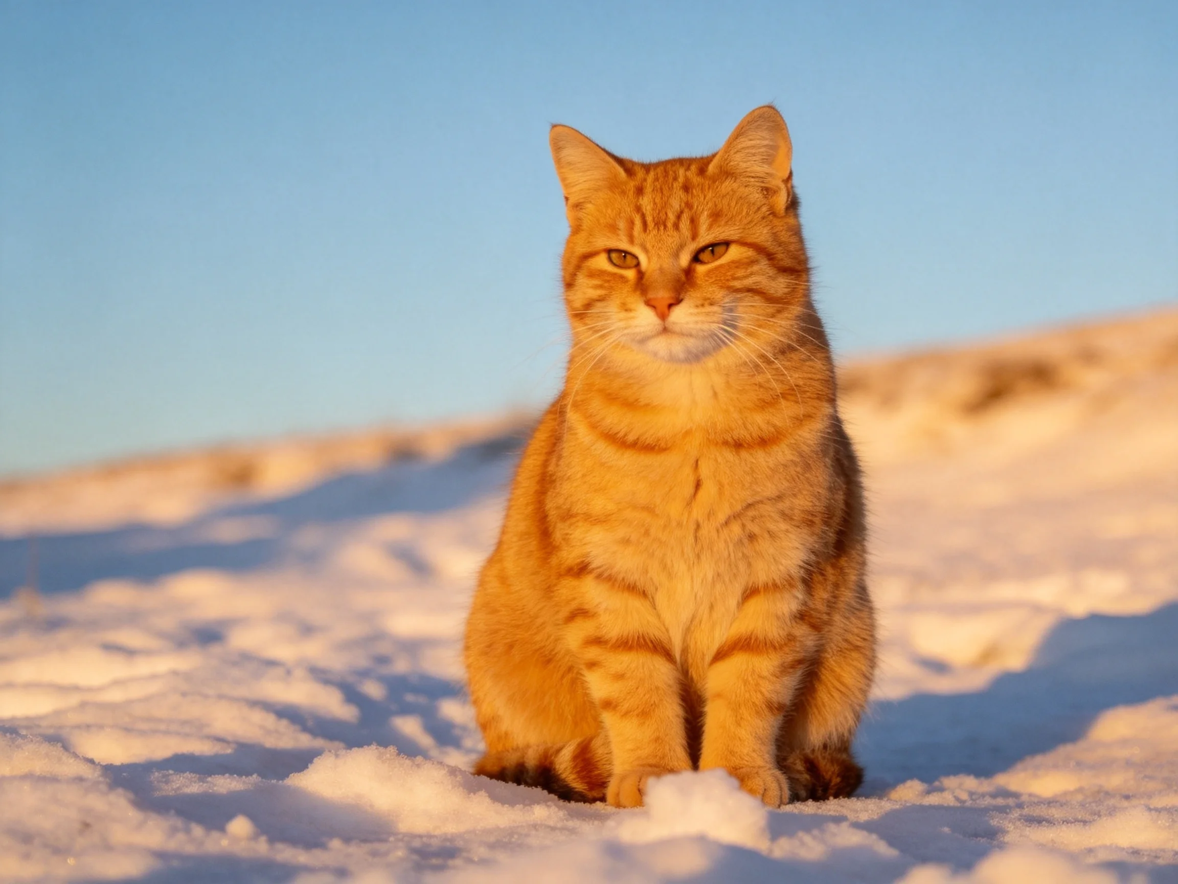 A golden-orange tabby cat sits calmly on snow in a sunlit winter landscape.