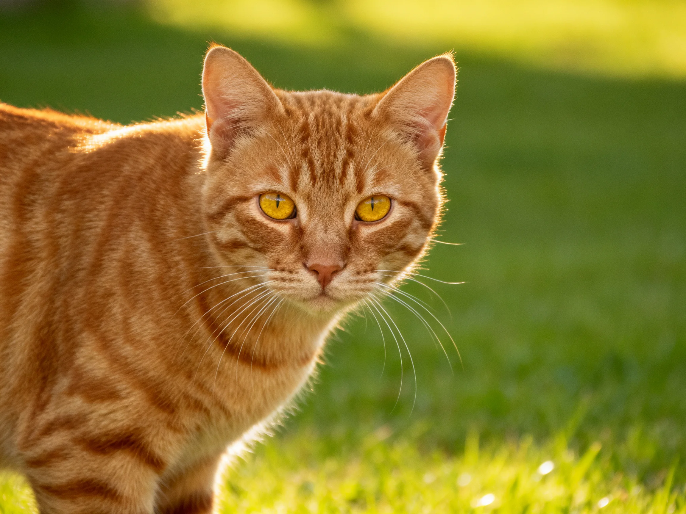 A golden-orange tabby cat looks ahead in a sunlit grassy area.