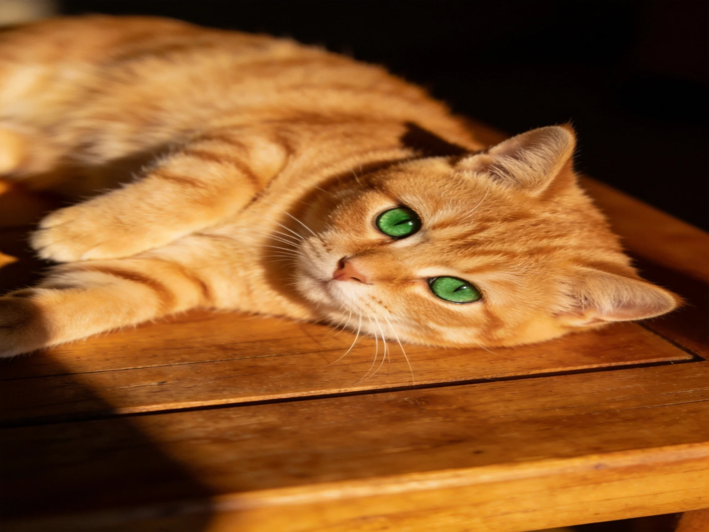 An orange tabby cat with green eyes rests on a wooden surface