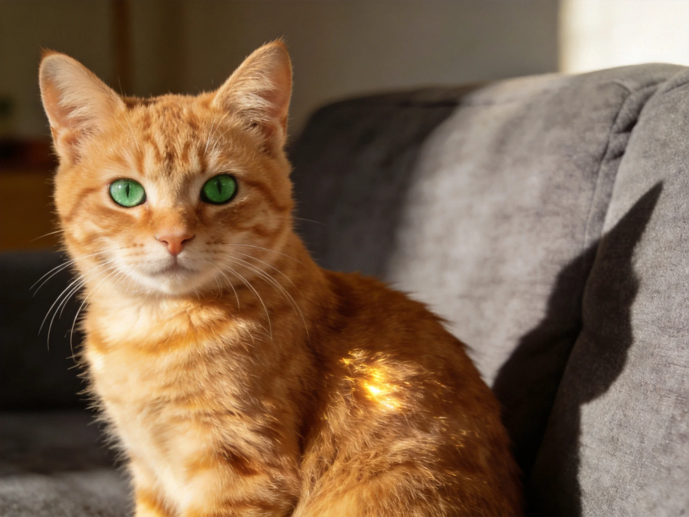 An orange tabby cat with green eyes sits on a gray sofa in soft lighting.