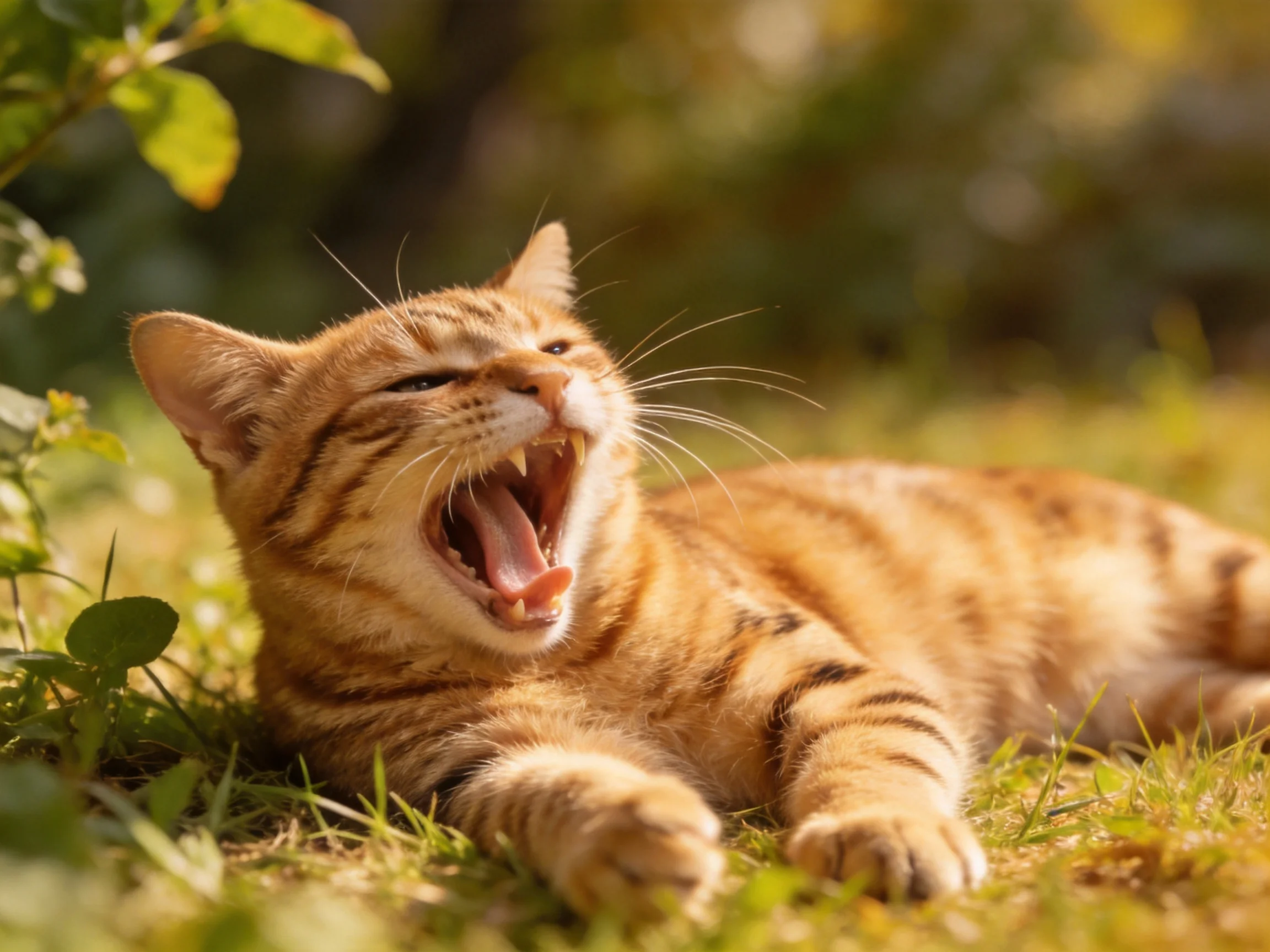 A golden-orange tabby cat yawning on sunlit green grass