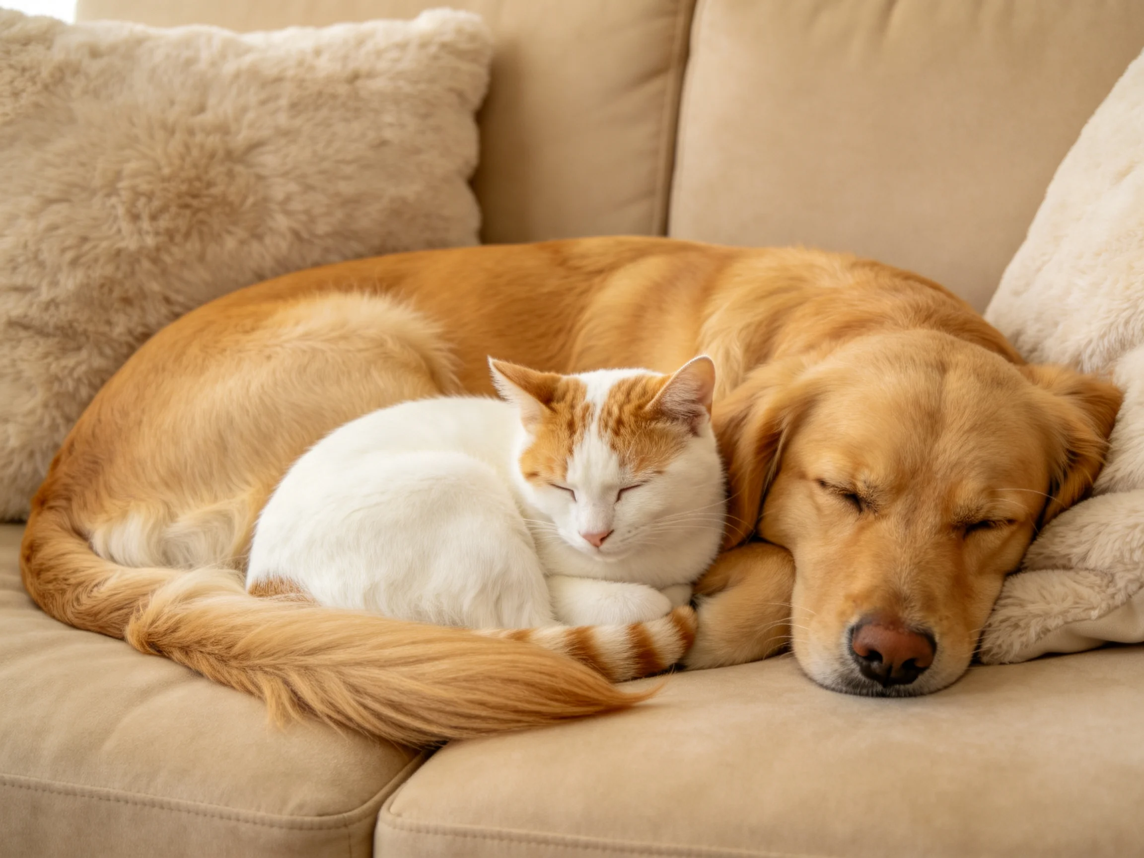 A golden retriever and an orange - white cat sleep together on a beige couch