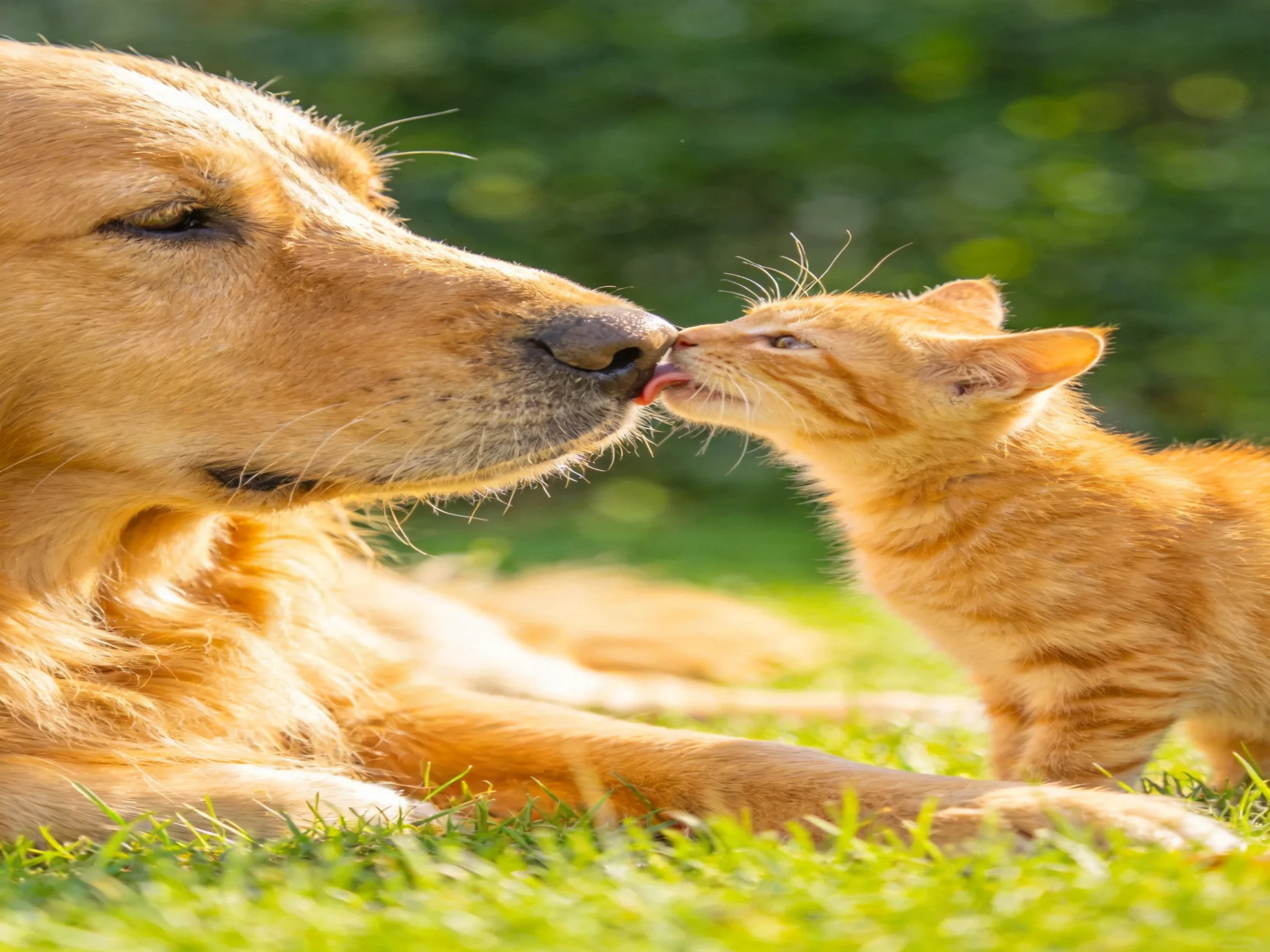 A golden retriever and an orange kitten share a tender moment on green grass.