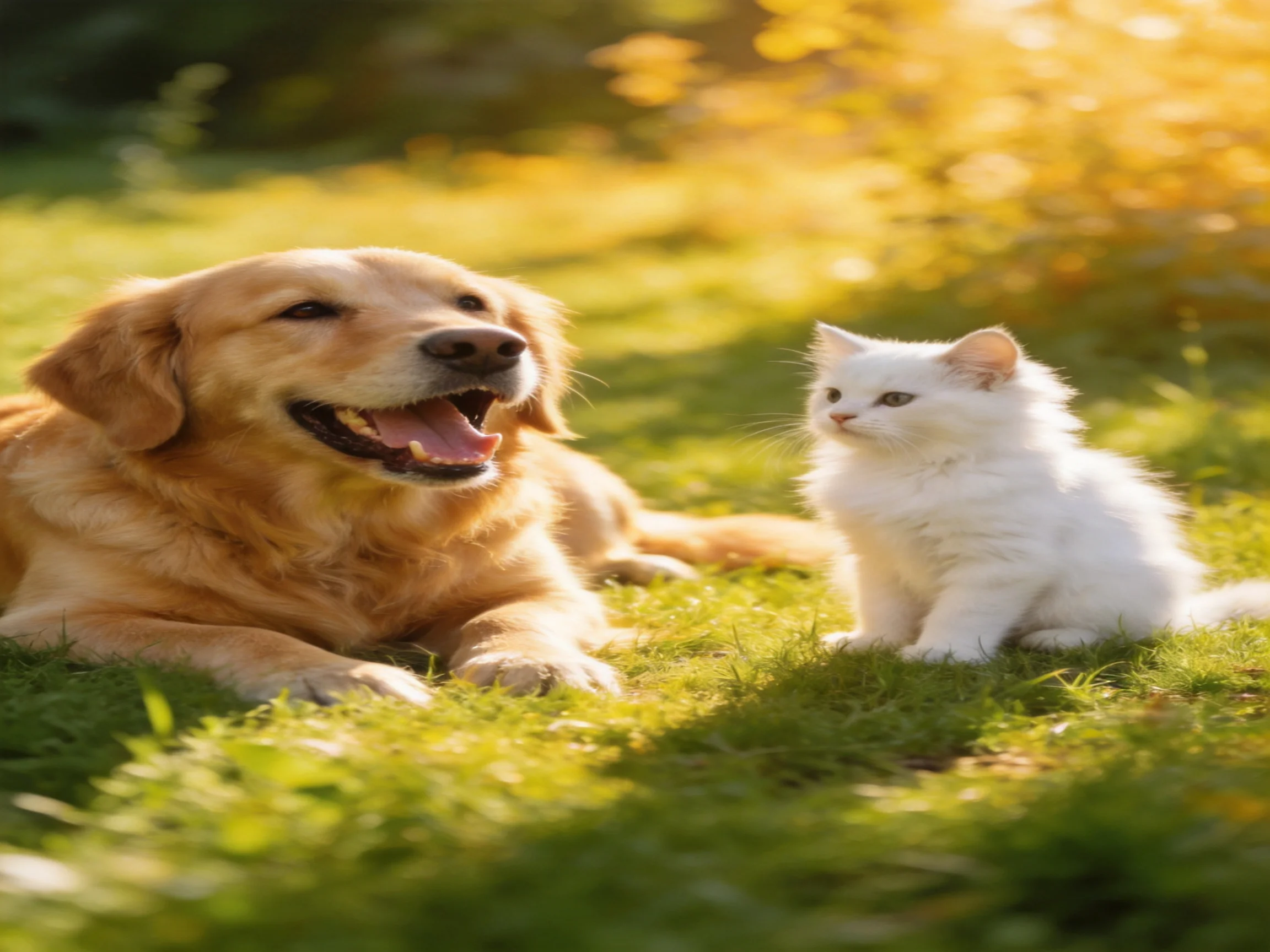 A golden retriever and white kitten sit together on grass in bright sunlight