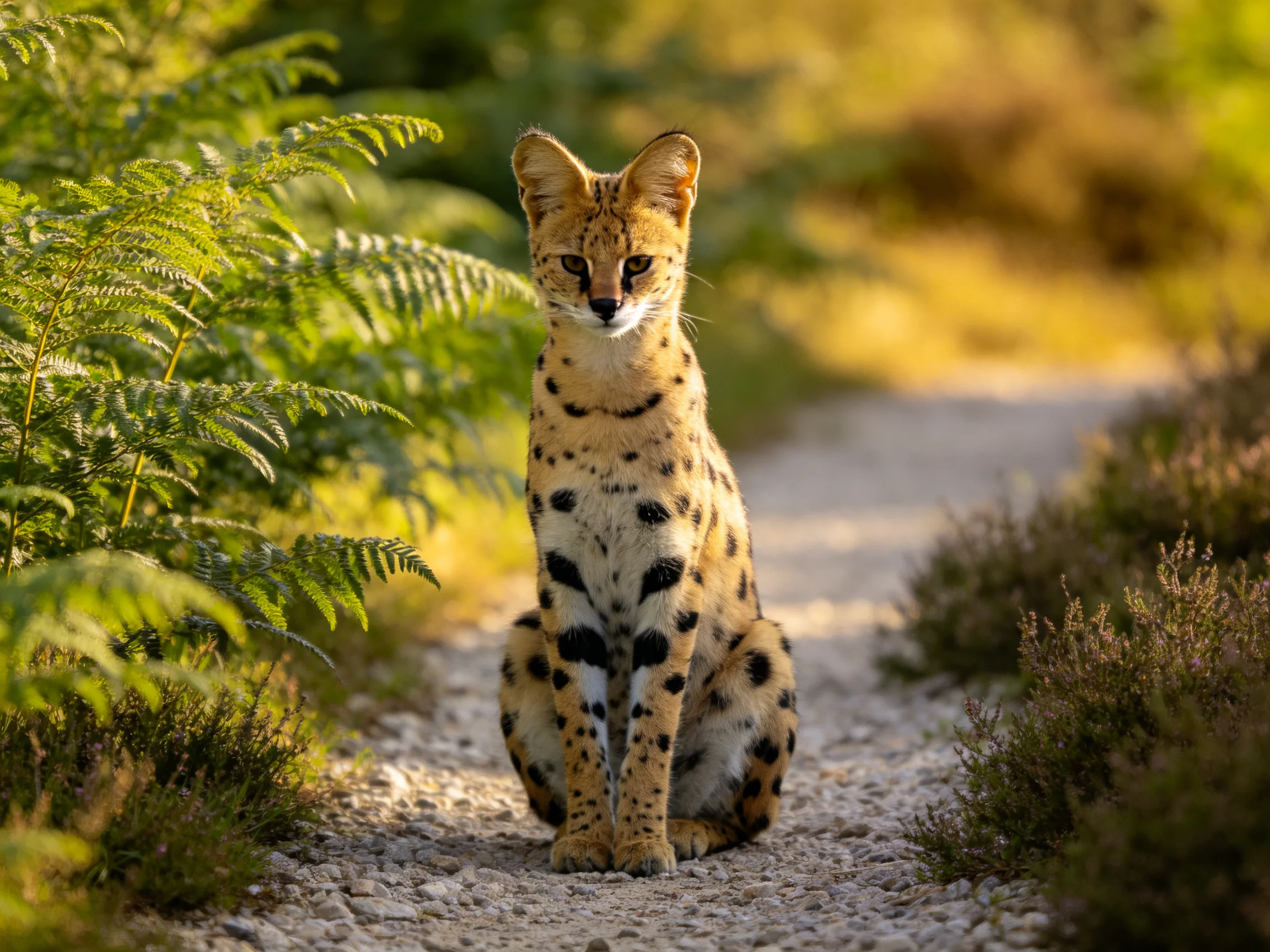 A golden-spotted cat sits on a gravel path amid lush greenery