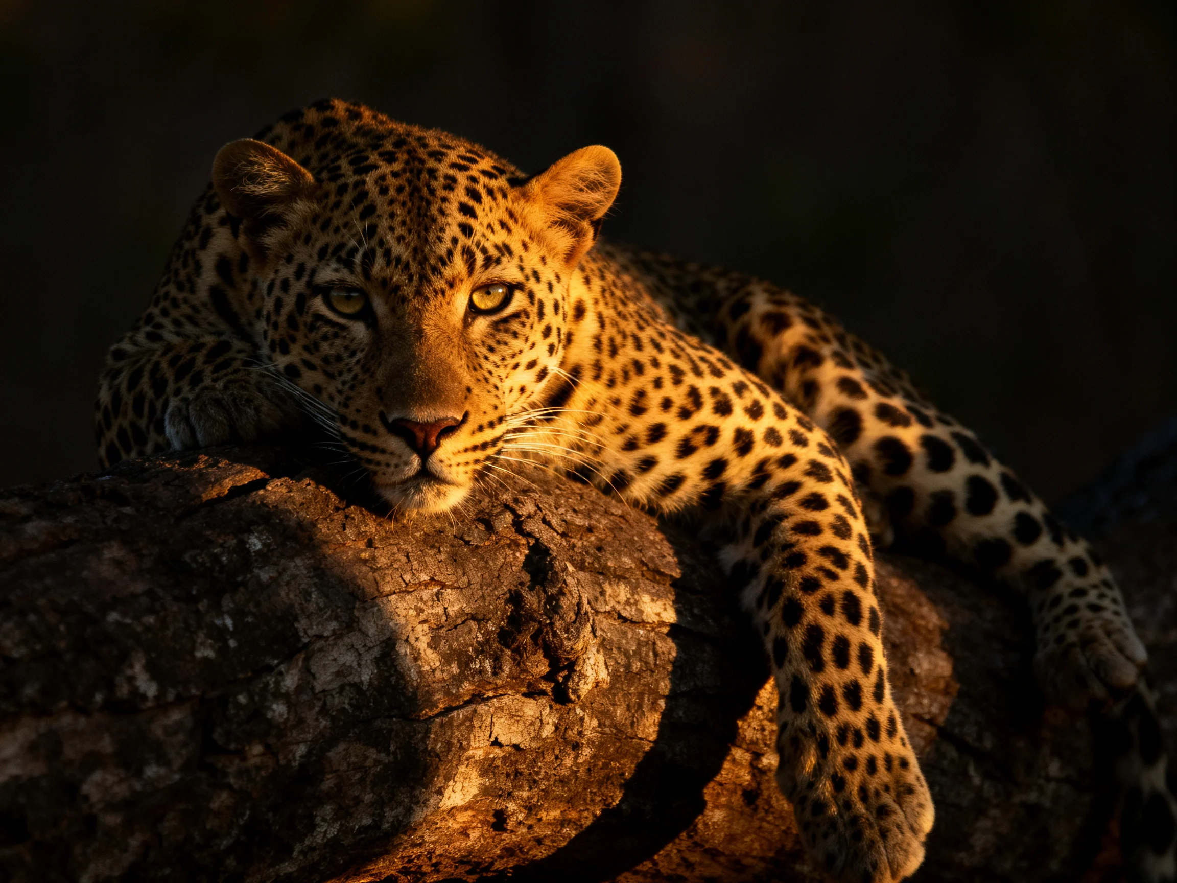 A golden-spotted leopard rests on a gnarled tree trunk in warm evening light