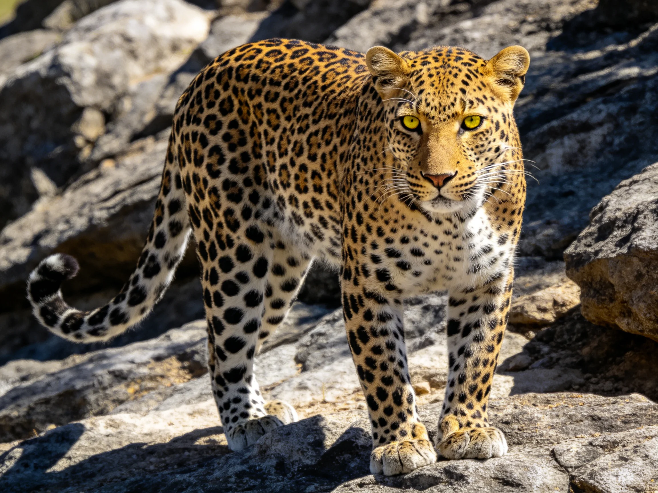 A golden-spotted leopard stands alert on rocky terrain.