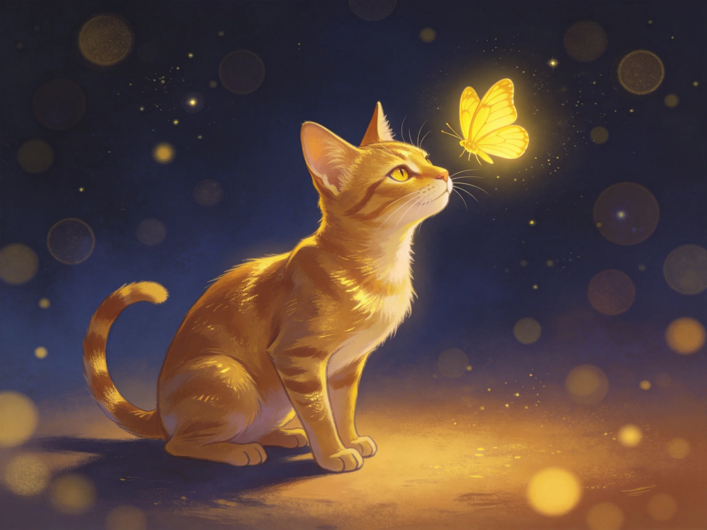 A golden tabby cat gazes at a glowing yellow butterfly amid soft bokeh lights