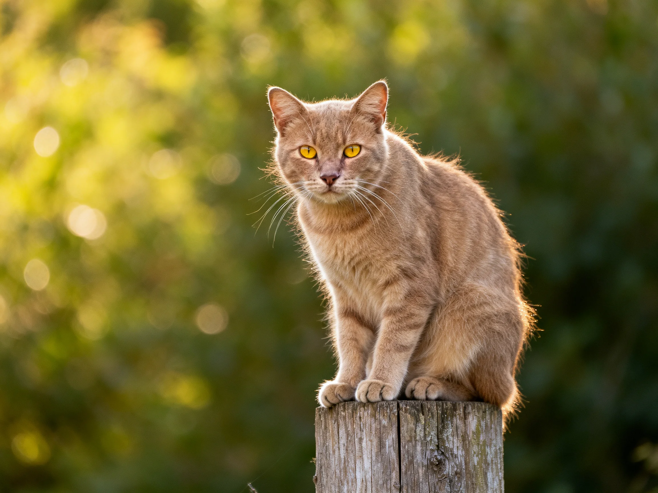 A golden tabby cat perched on a weathered wooden post amid soft green foliage