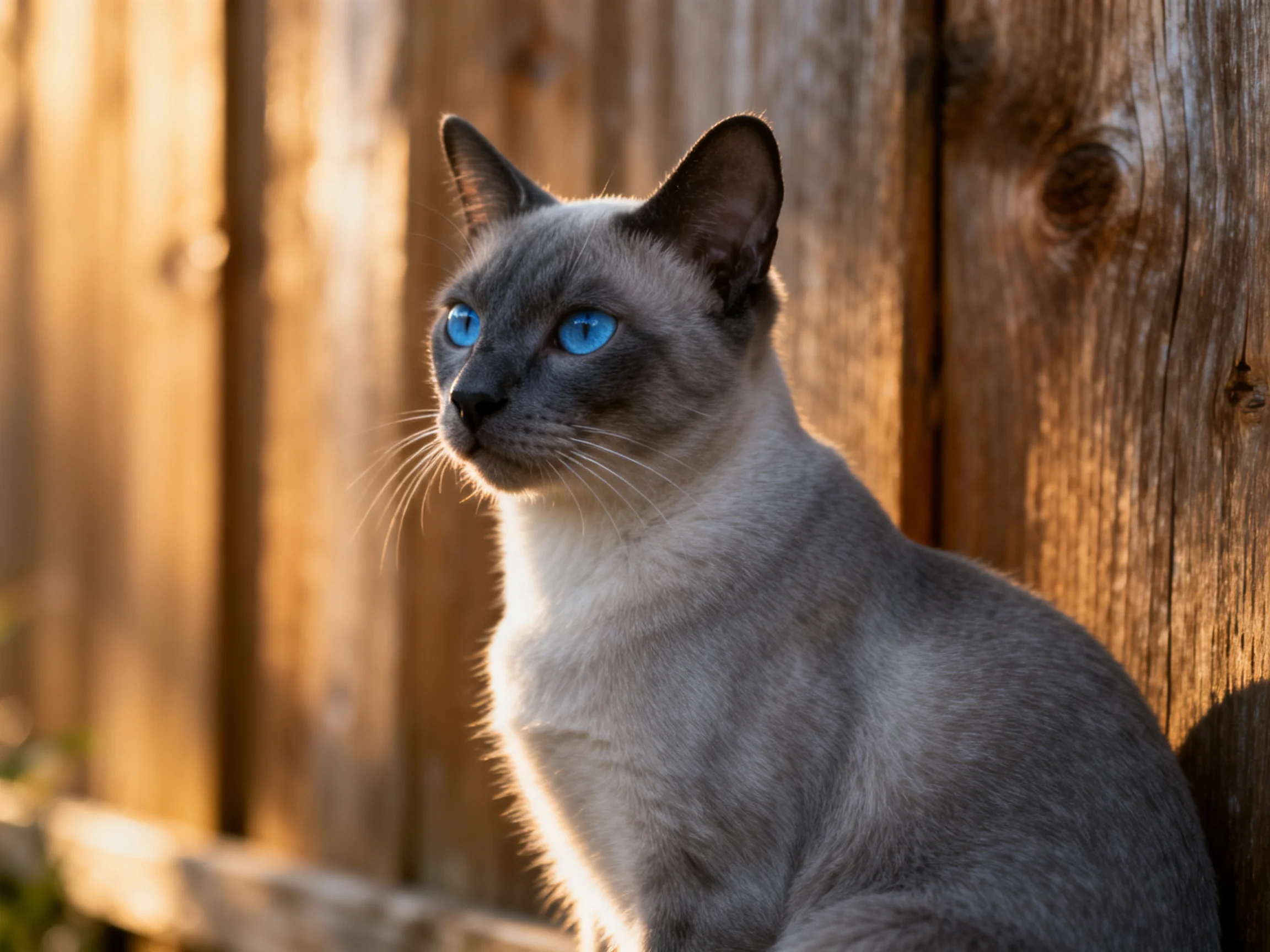 A gray Siamese cat with bright blue eyes sits next to a wooden fence