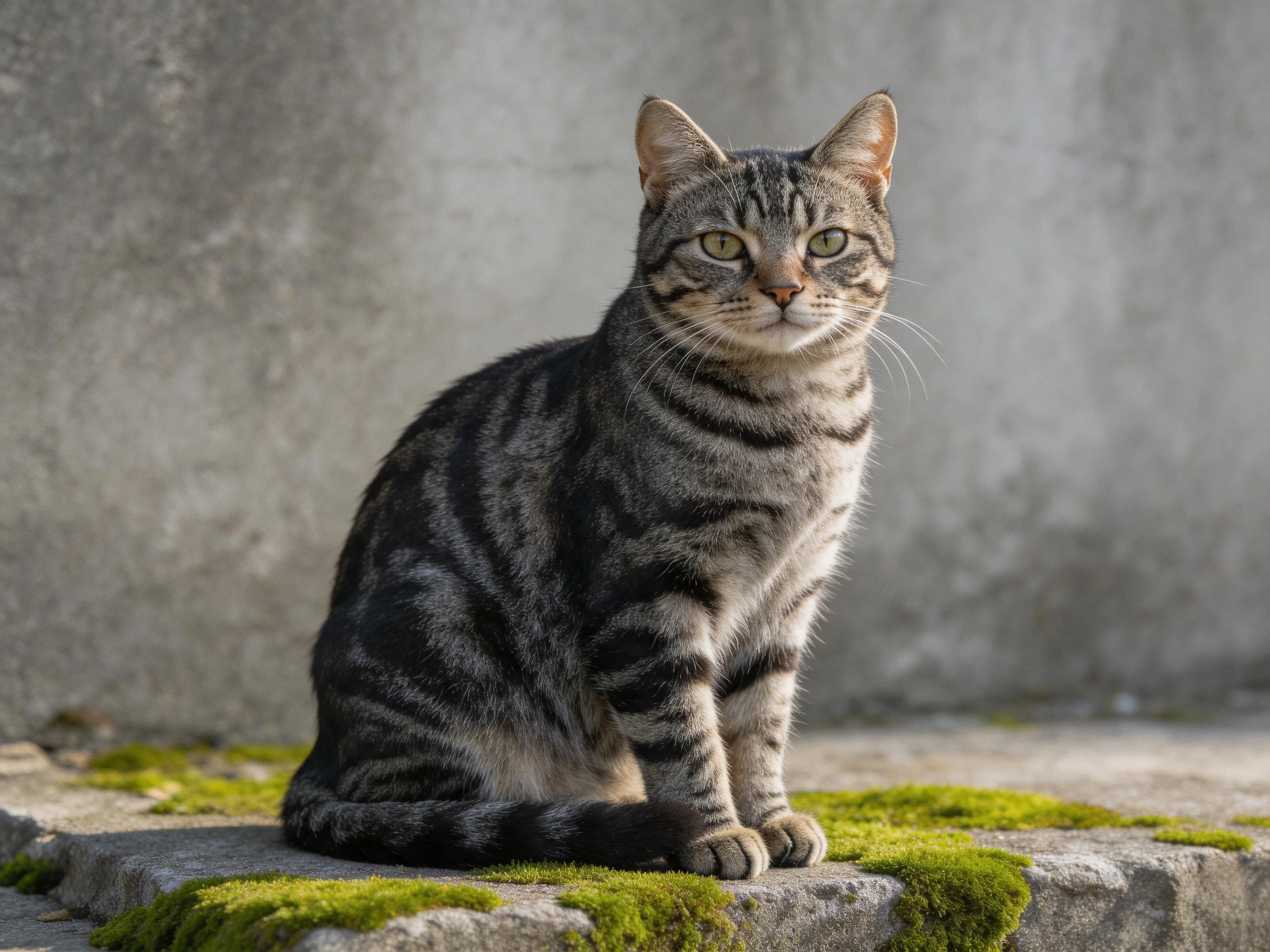 A gray and black striped cat sits on moss-covered stone near a concrete wall