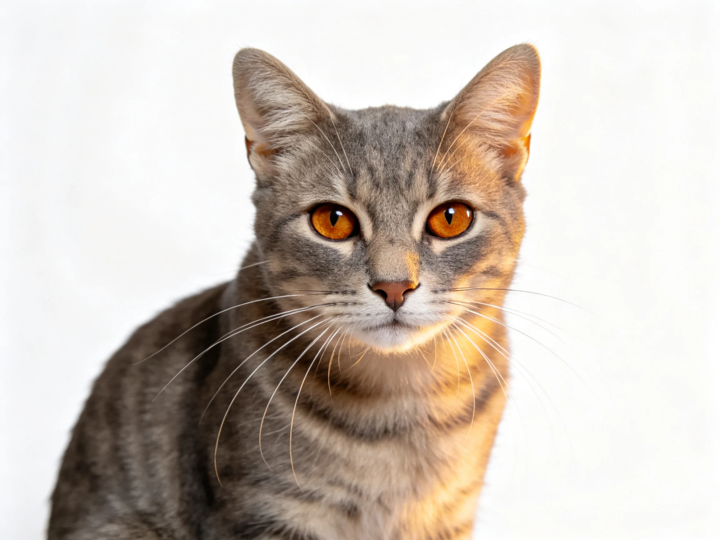 A gray and orange tabby cat gazes directly at the viewer against a white background.