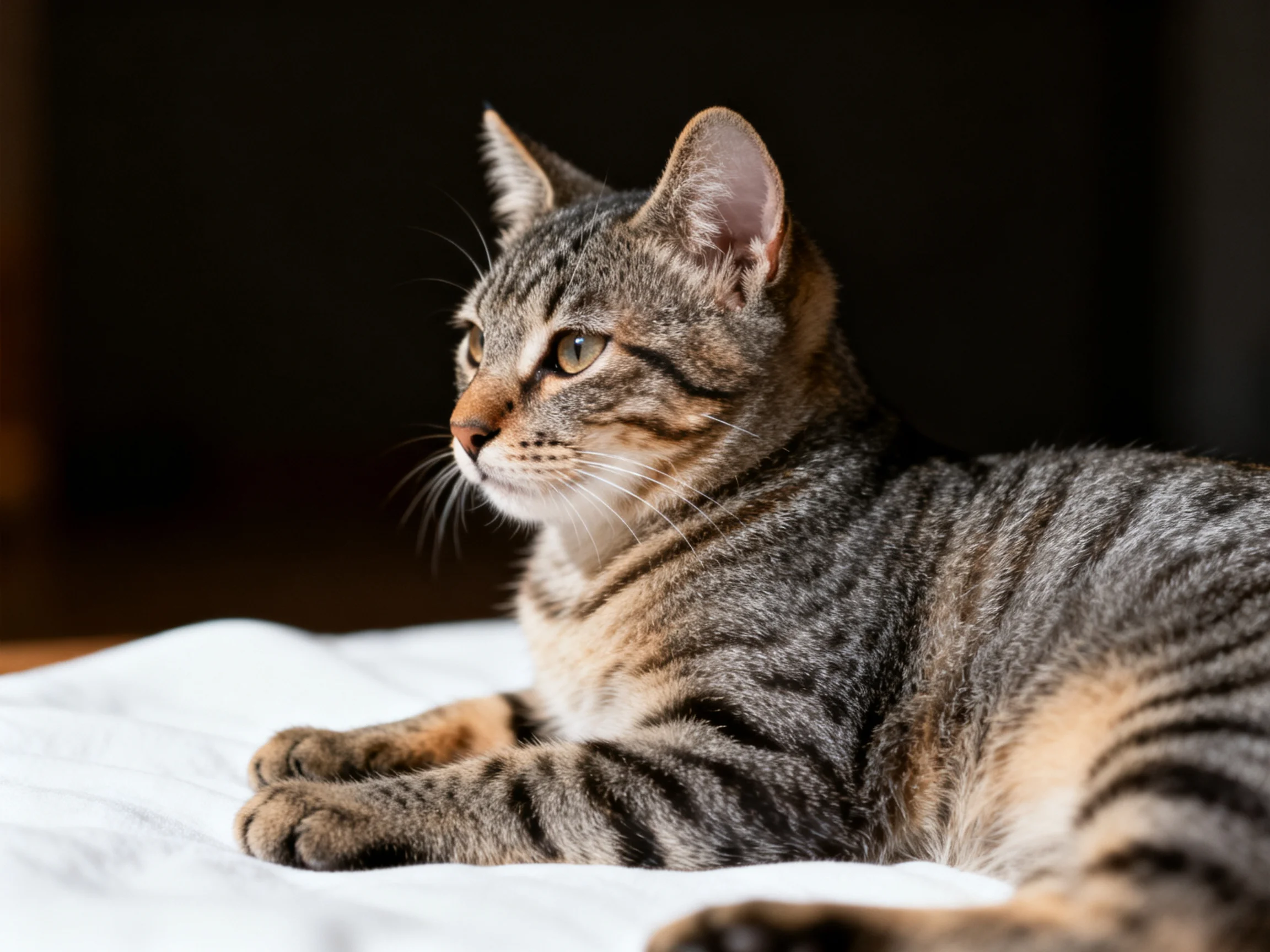 A tabby cat rests on a white bedspread in a dimly lit room