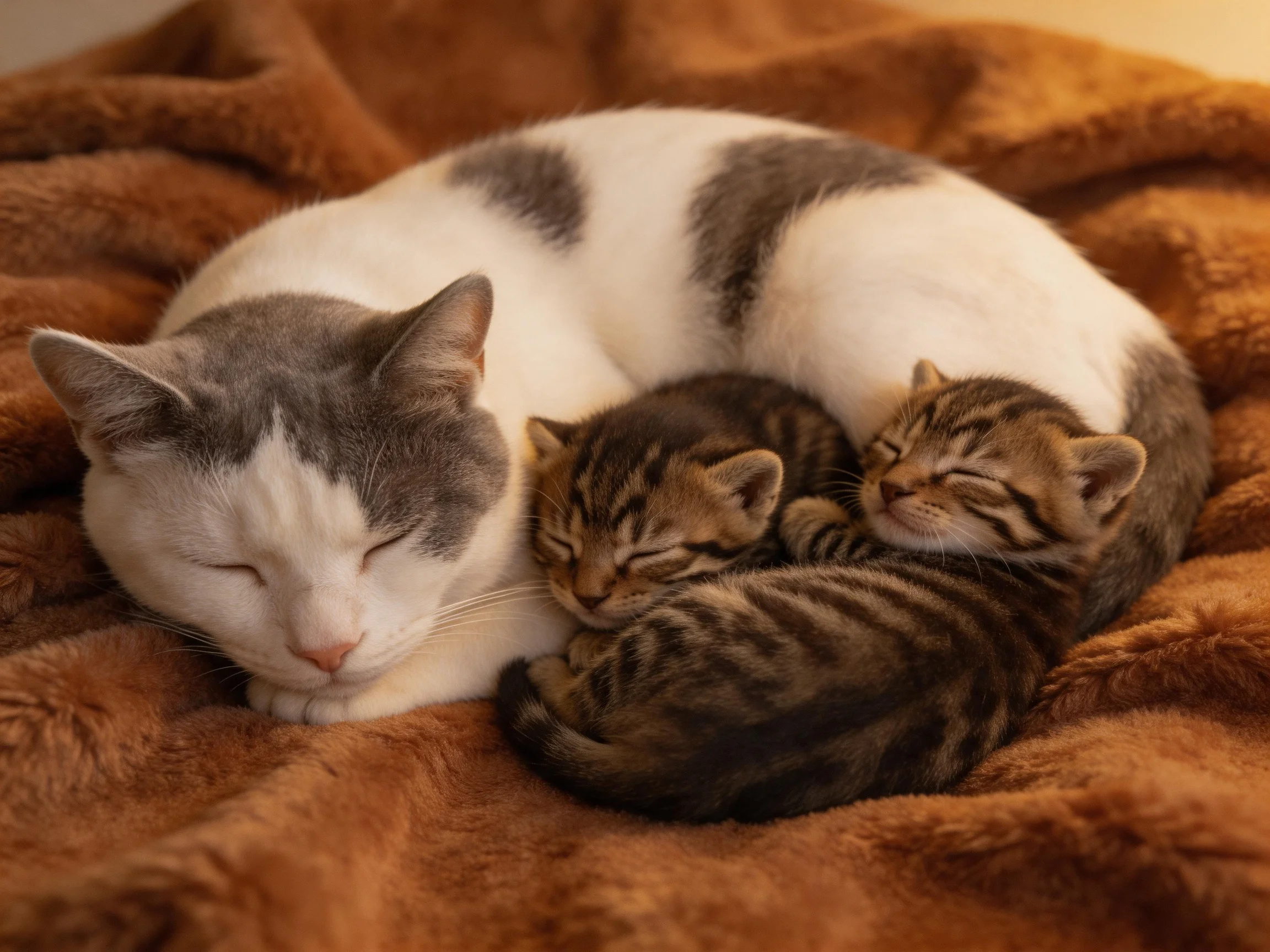 A gray-and-white cat cuddles two tabby kittens on a brown blanket