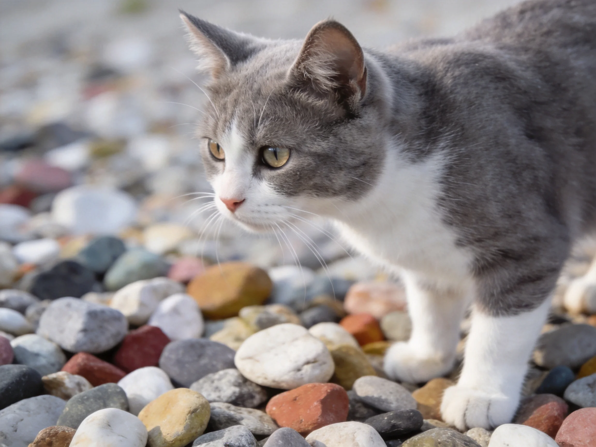 A gray and white cat stands on a bed of multicolored smooth pebbles.