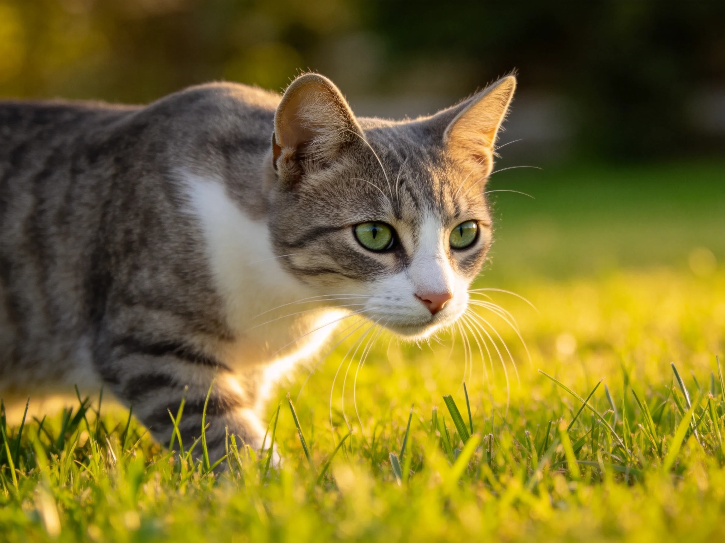 A gray and white cat moves through sunlit grass.