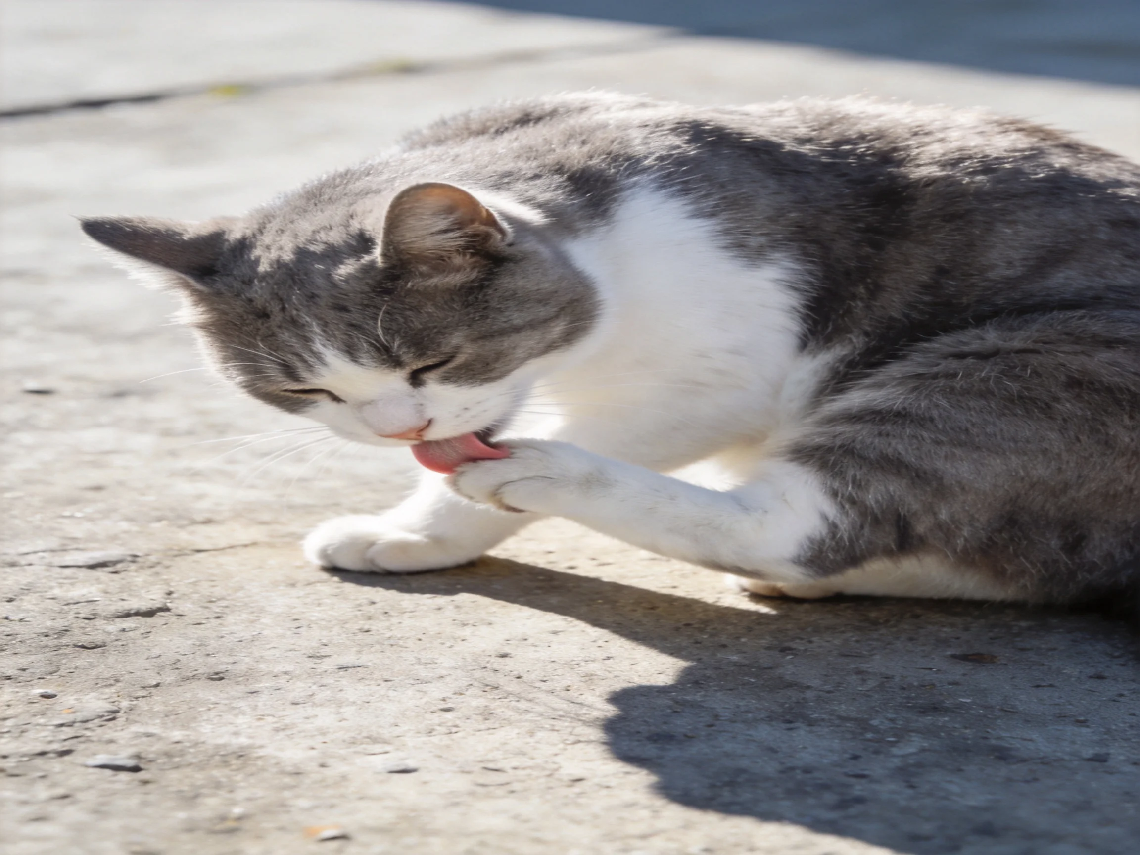A gray and white cat grooms itself on a concrete surface