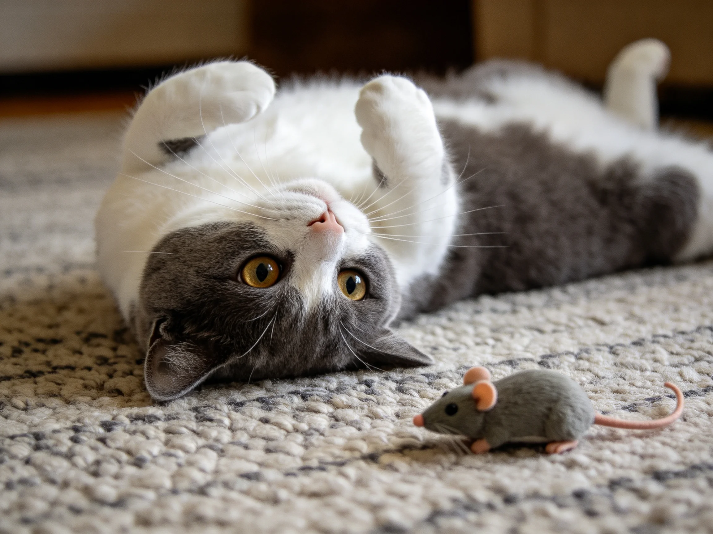 A gray and white cat lies on a carpet near a small gray toy mouse