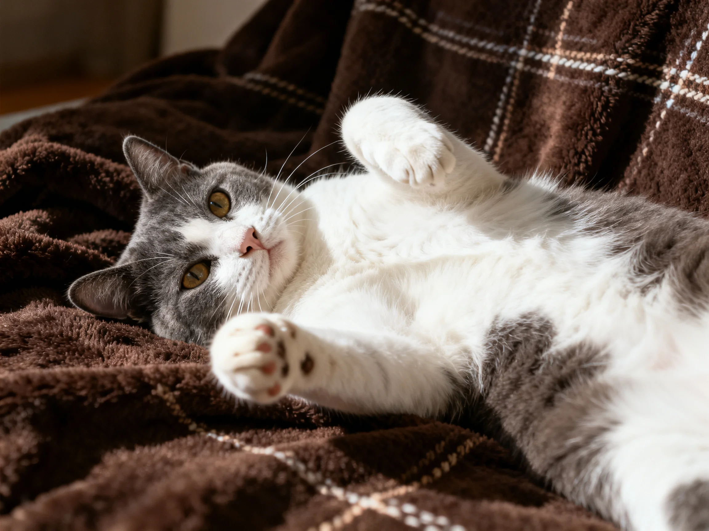 A gray and white cat rests on a brown checkered blanket.
