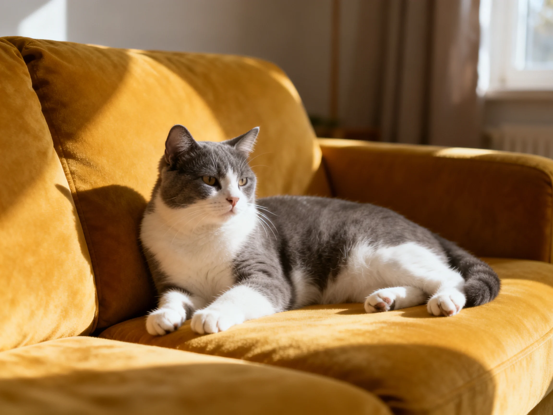A gray and white cat rests on a mustard-yellow sofa in a sunlit room.
