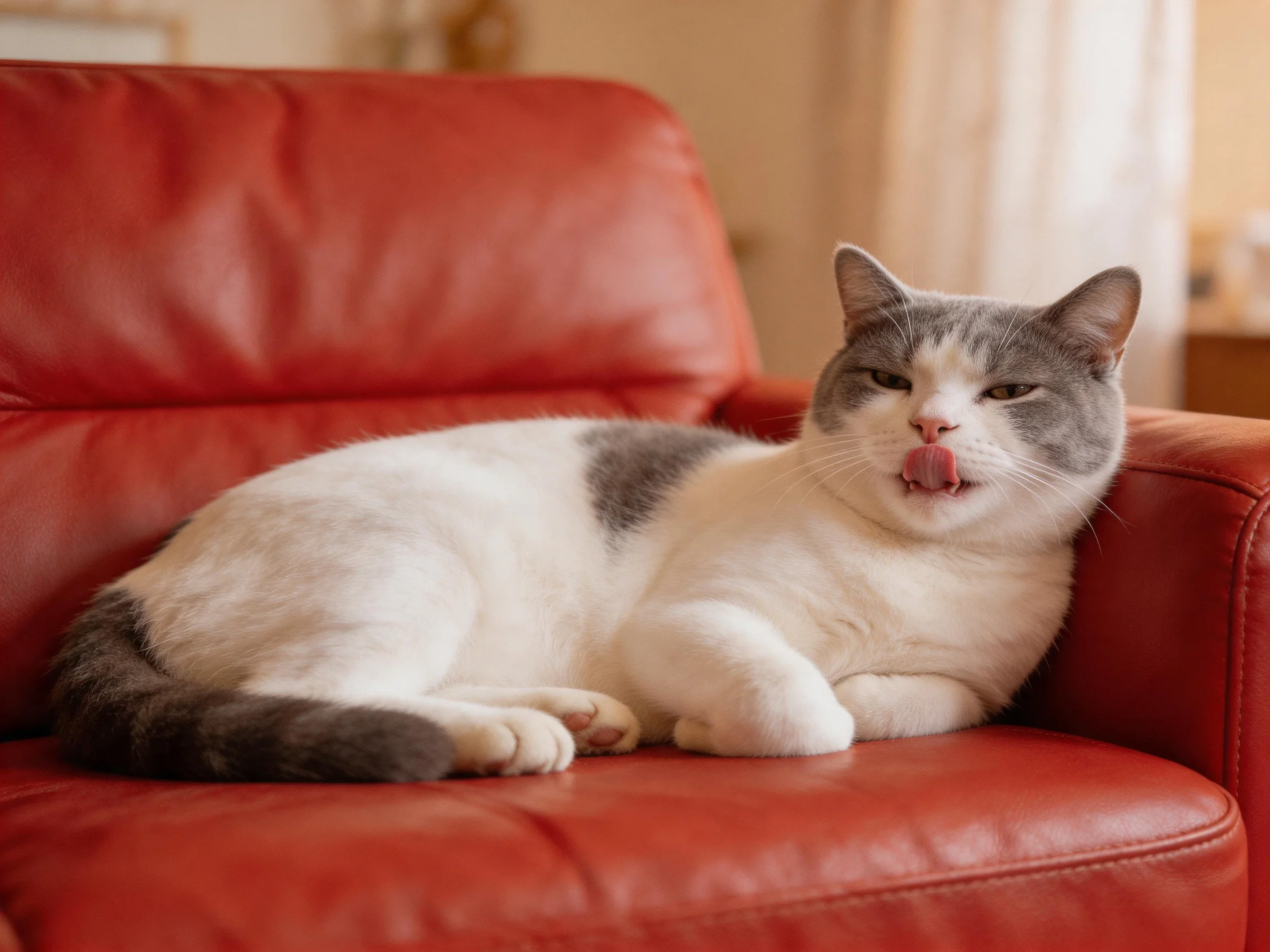 A gray and white cat relaxes on a red leather couch