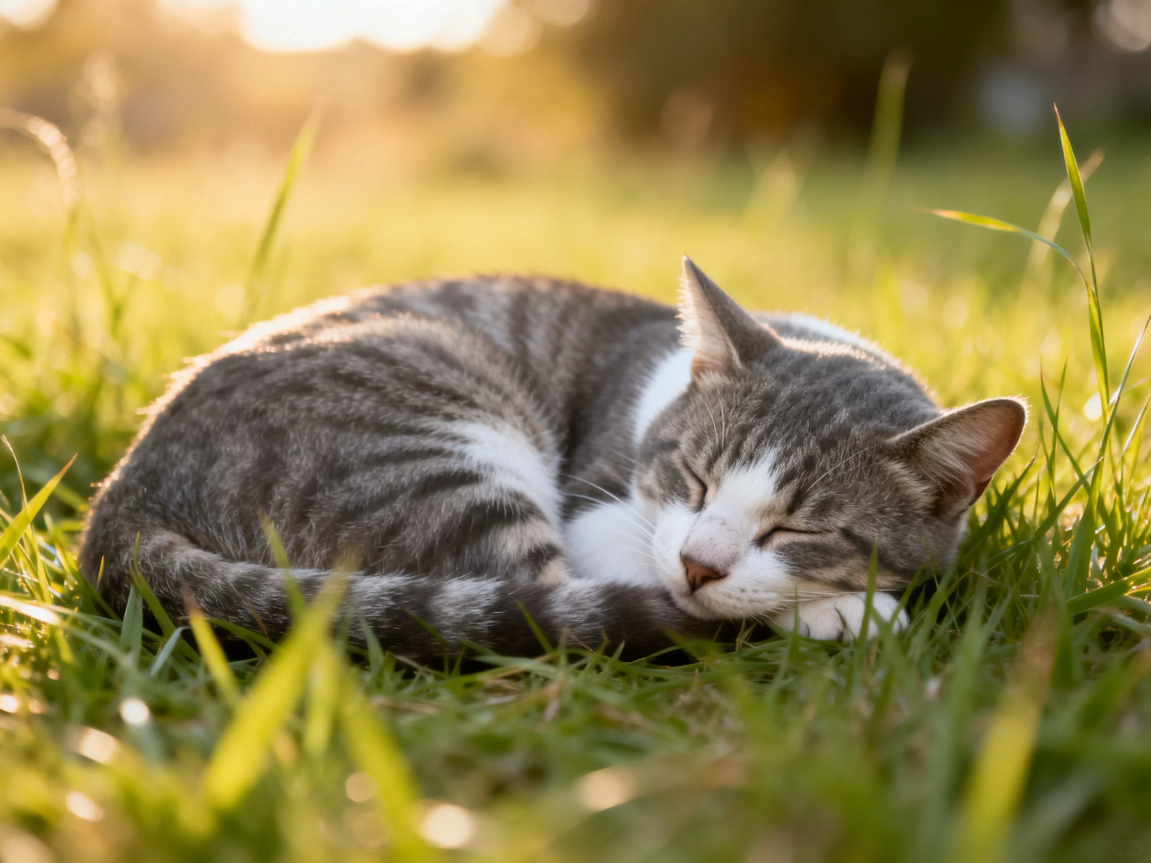 A gray and white cat sleeps peacefully in sunlit grass.