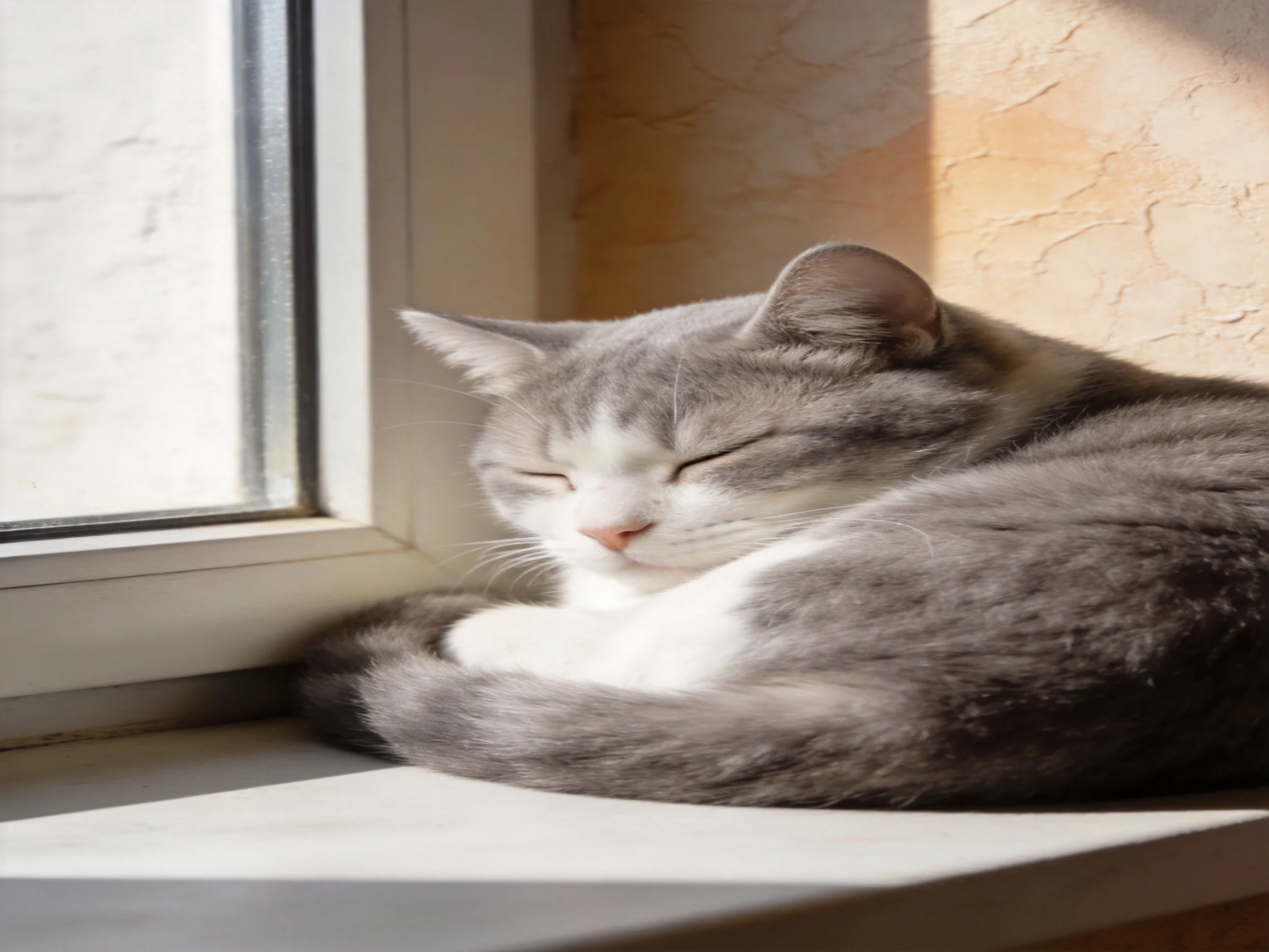 A gray and white cat sleeps peacefully by a sunlit window.