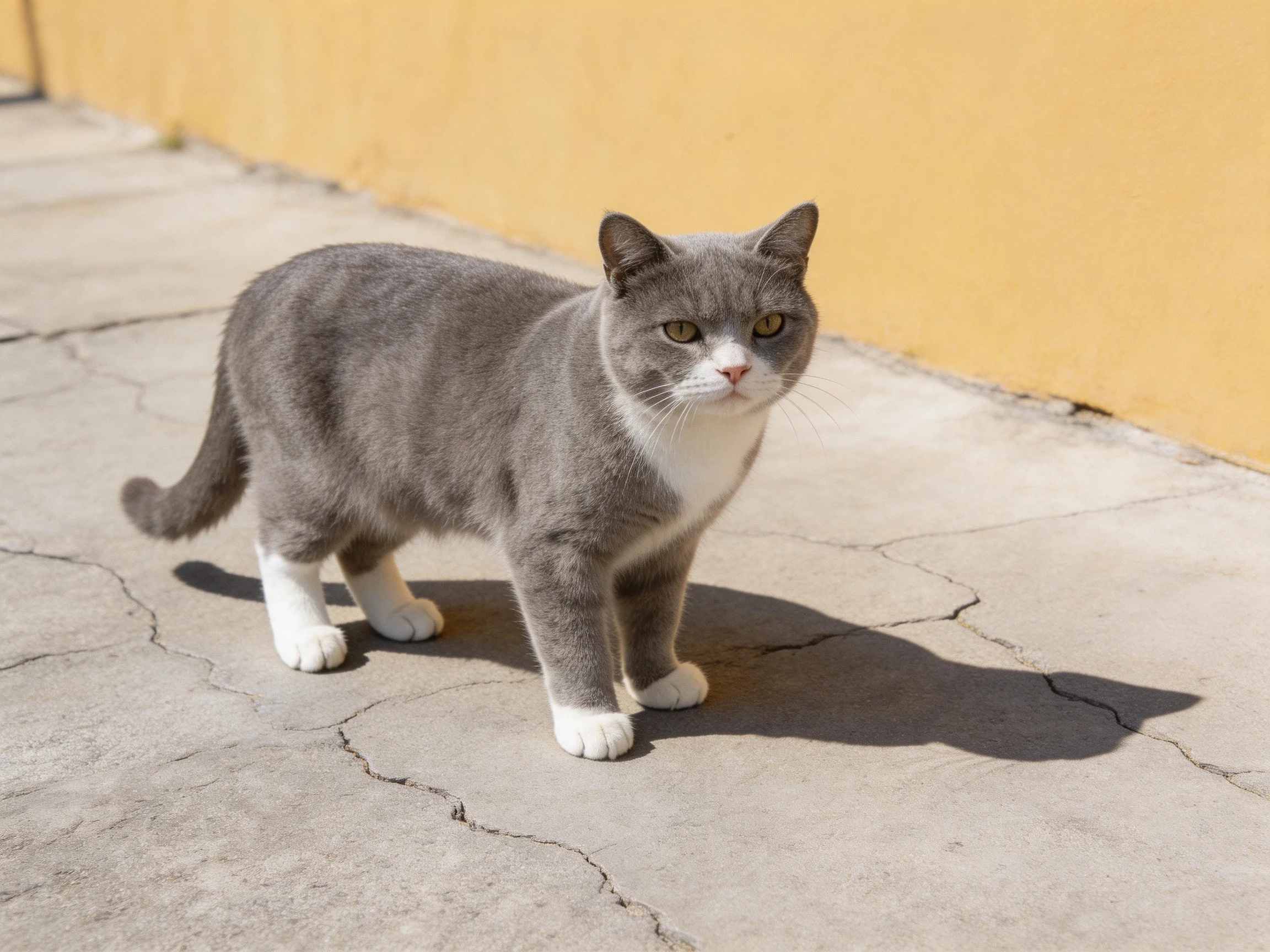 A gray and white cat on cracked pavement beside a yellow wall