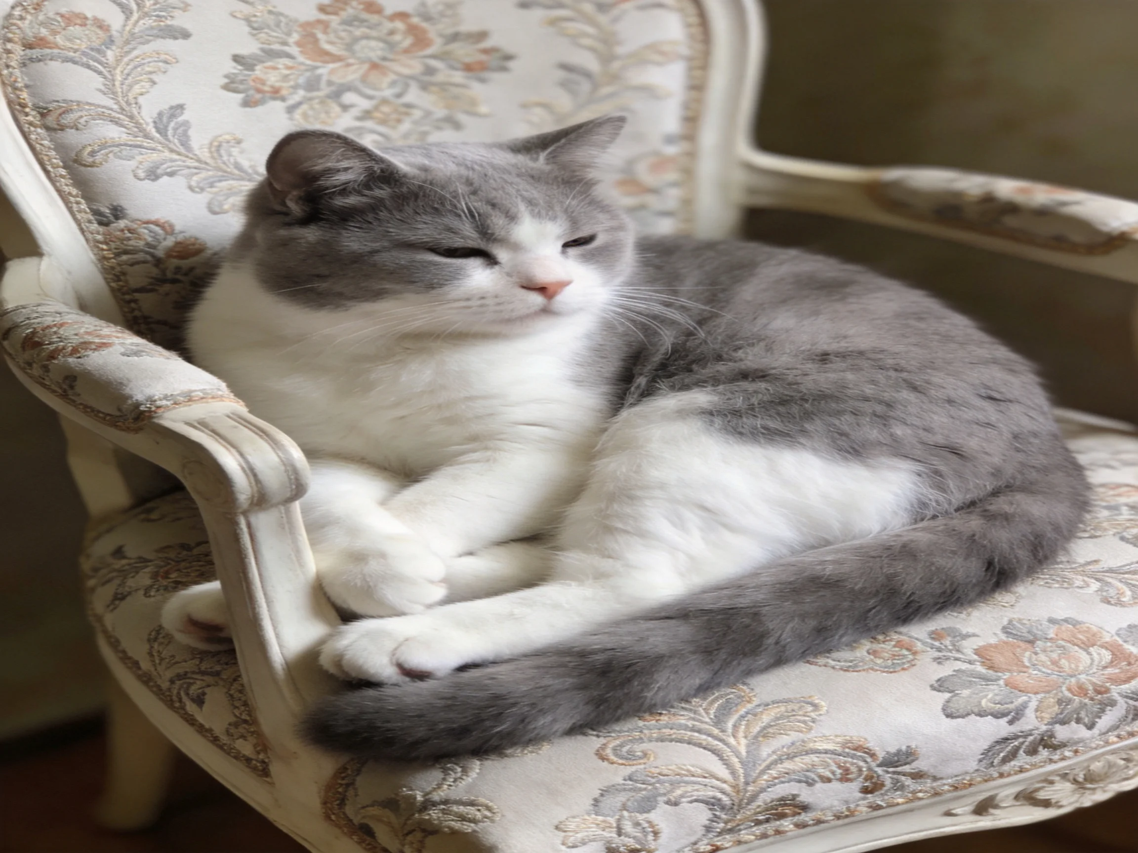A gray-and-white cat relaxes on an ornately patterned upholstered chair