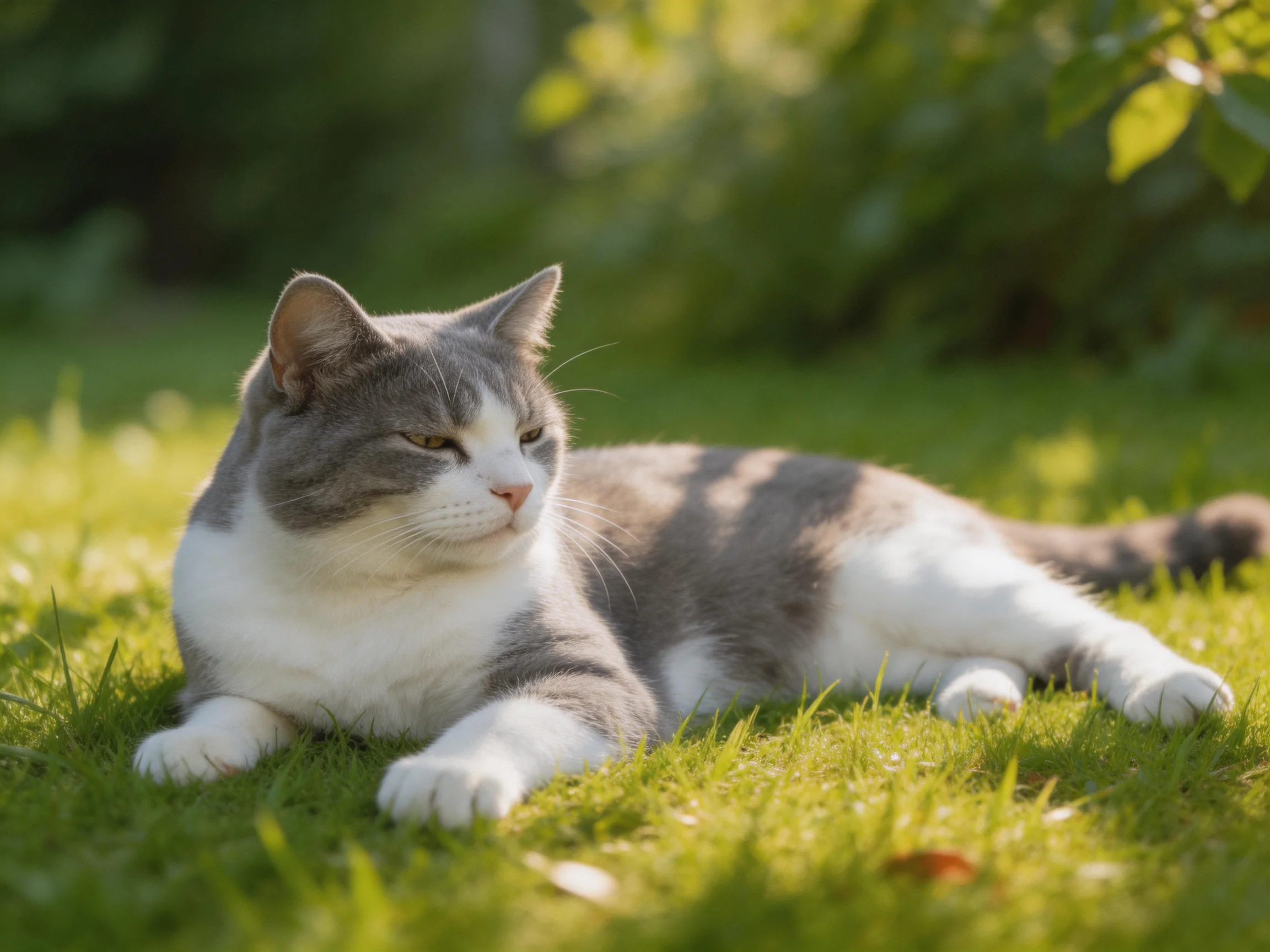A gray-and-white cat rests peacefully on grass in a sunlit outdoor area.