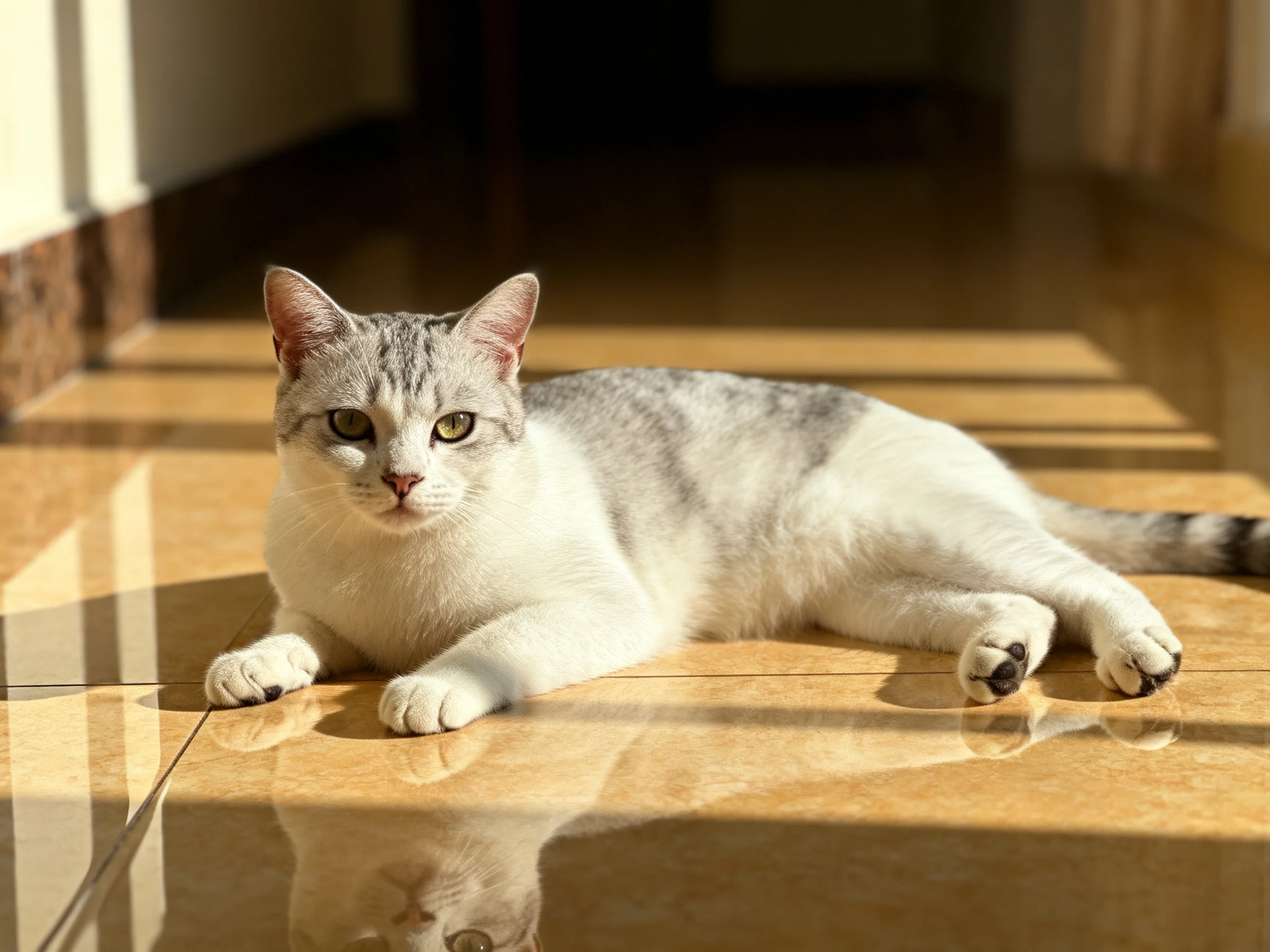 A gray and white cat rests on sunlit tiled flooring.