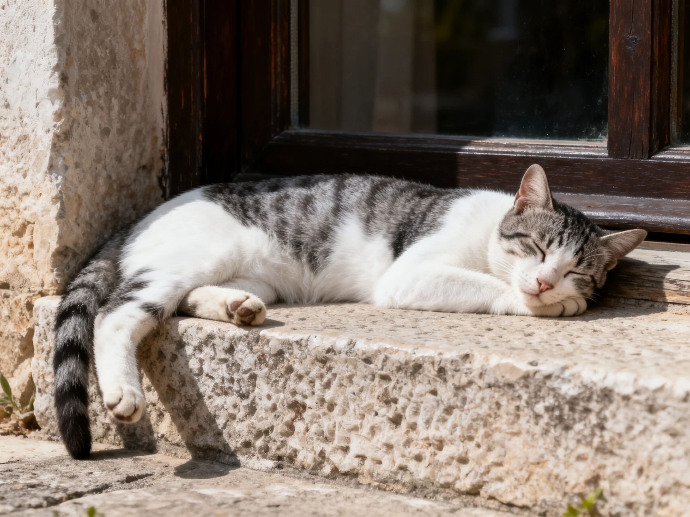 A gray and white cat resting on a stone windowsill beside a dark wooden door