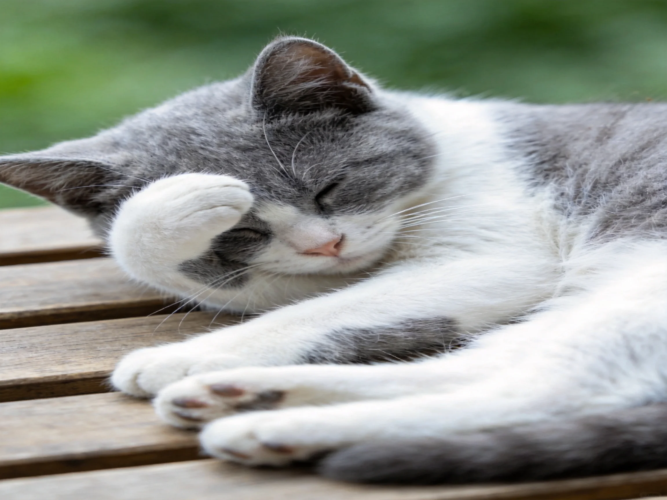 A gray and white cat resting on a wooden bench outdoors