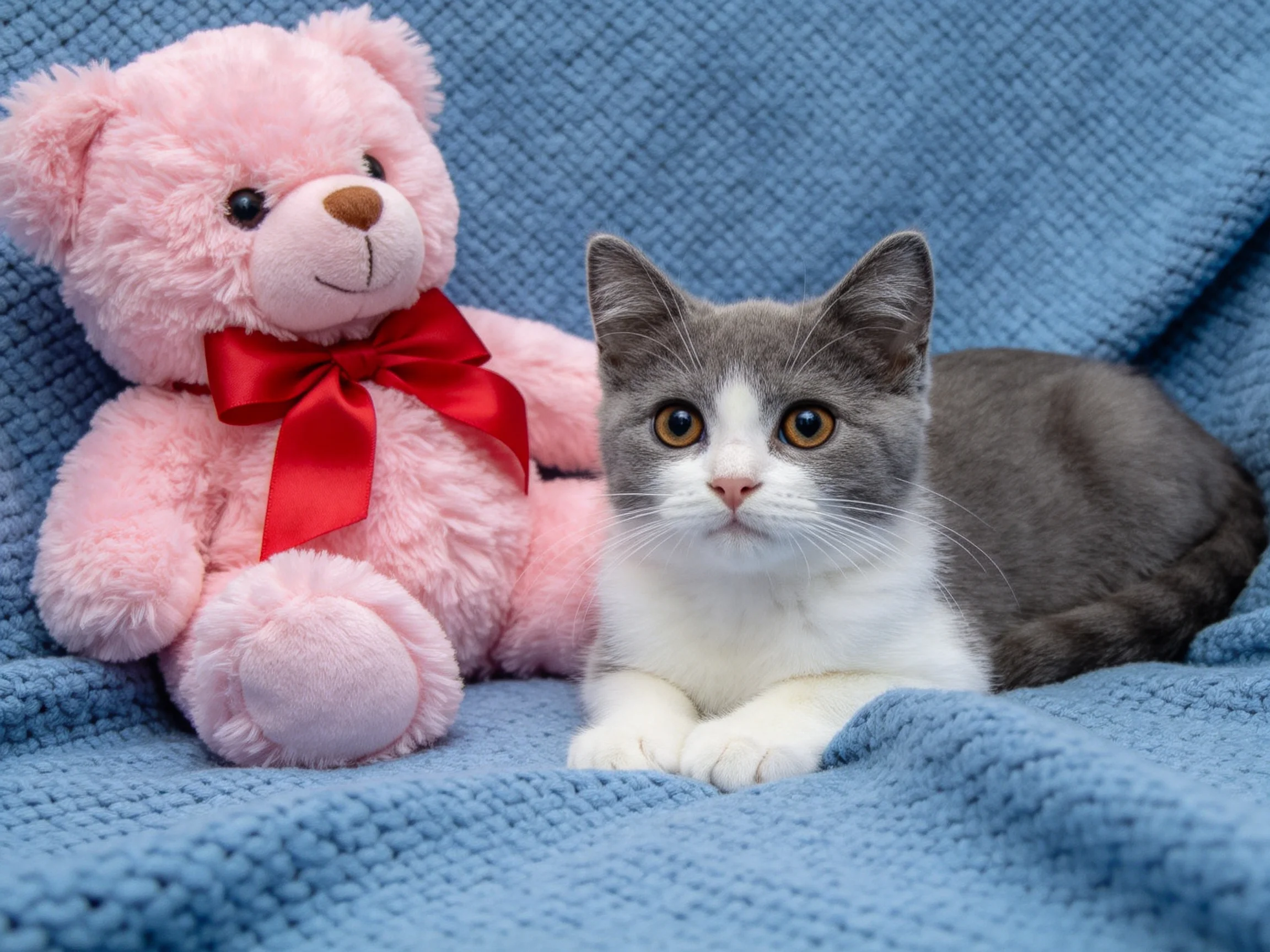 A gray-and-white cat sits next to a pink teddy bear on a blue fabric.