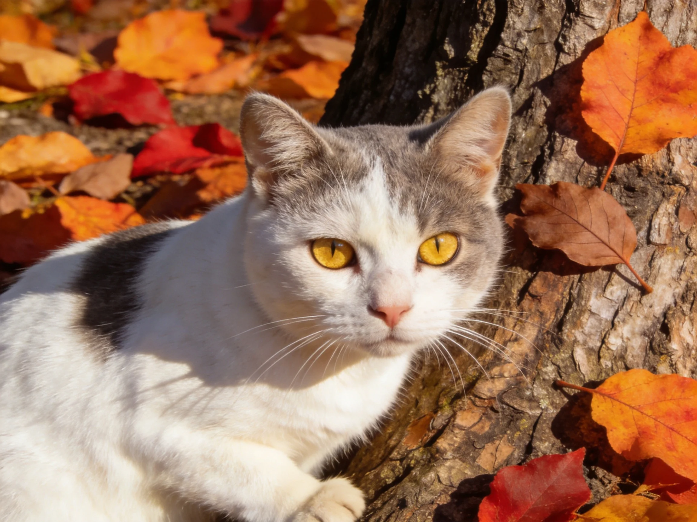A gray-and-white cat sits near a tree surrounded by colorful autumn leaves.