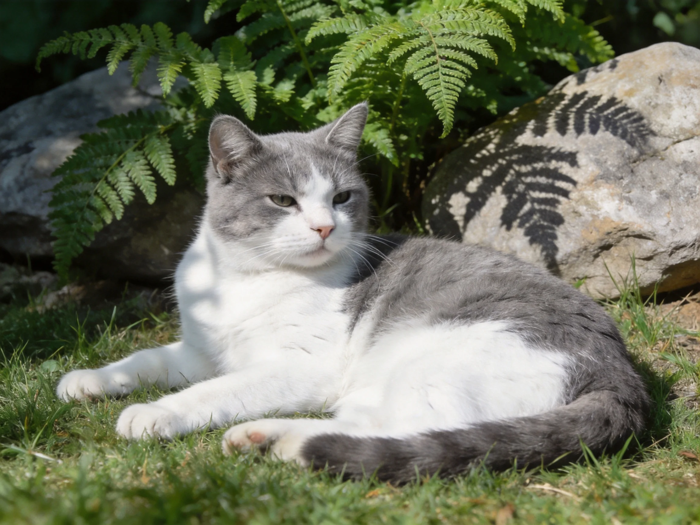 A gray-and-white cat relaxes among ferns and rocks in a sunlit outdoor space.