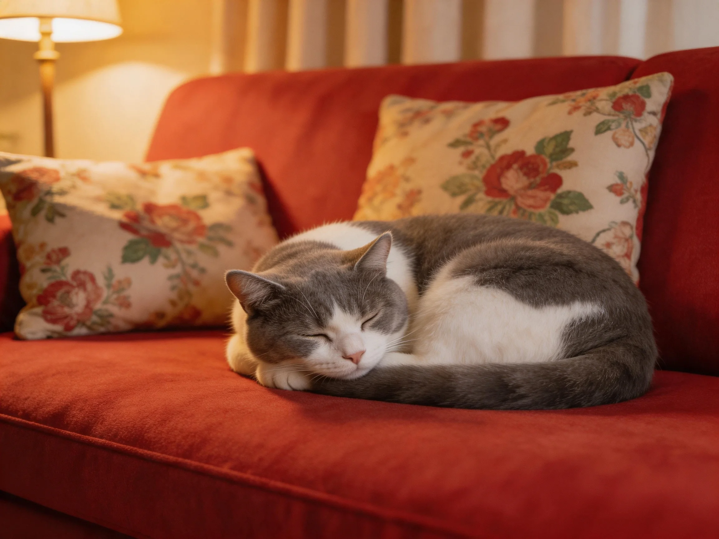 A gray and white cat sleeps peacefully on a red couch near decorative pillows.