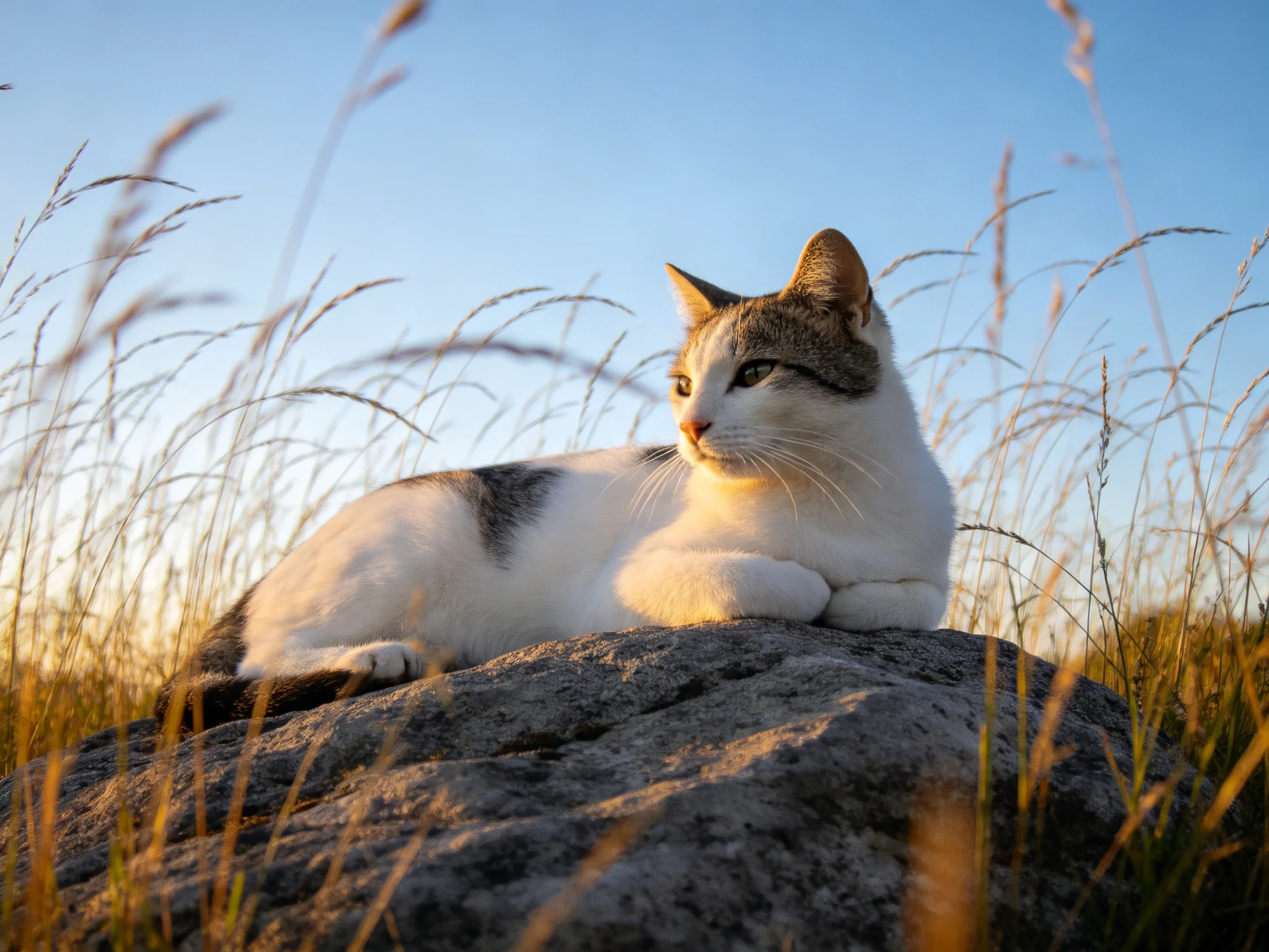 A gray-and-white cat relaxes on a rock surrounded by tall grass in a sunny outdoor area.