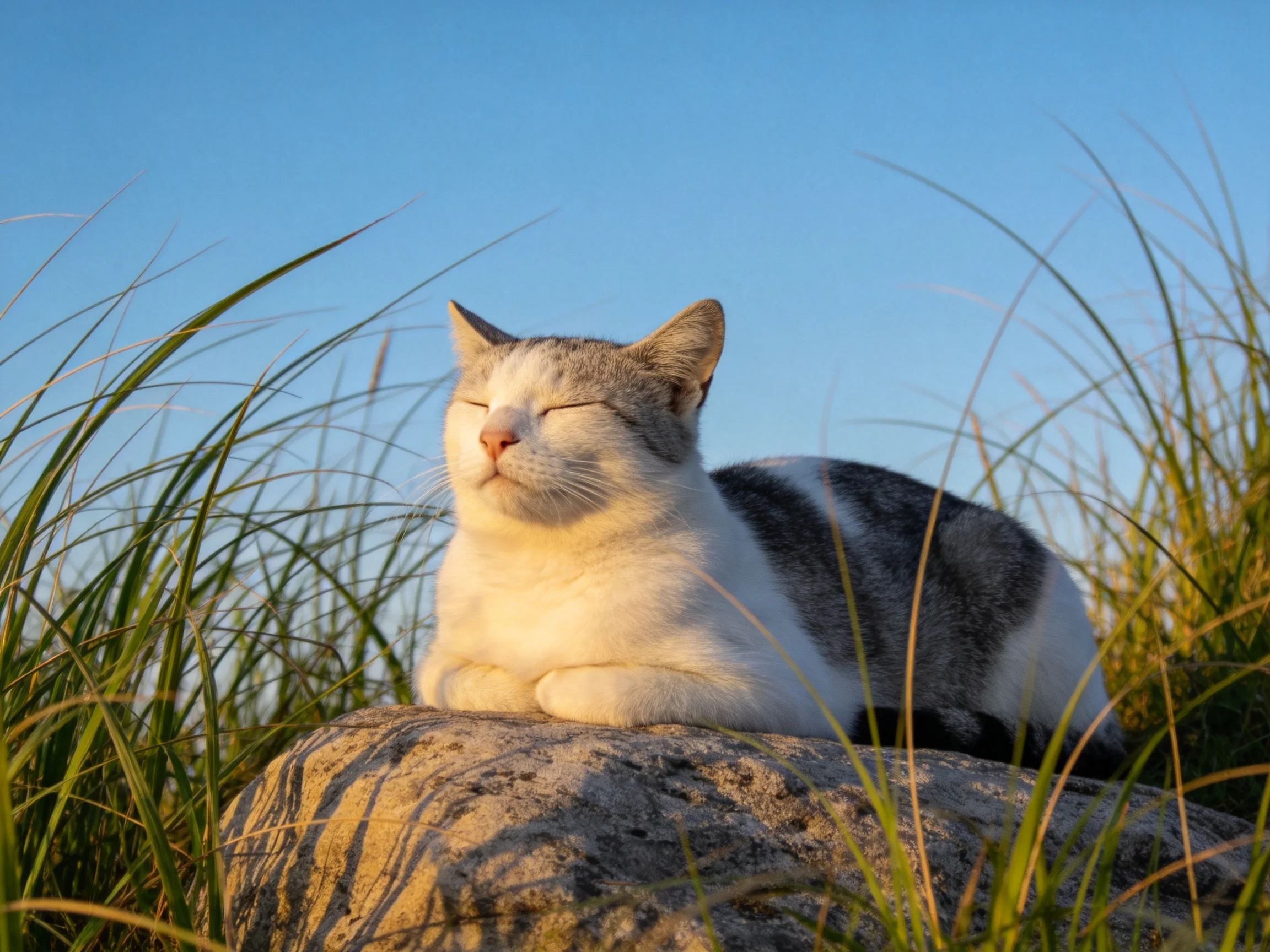 A gray-and-white cat relaxes on a rock in a sunny outdoor setting.
