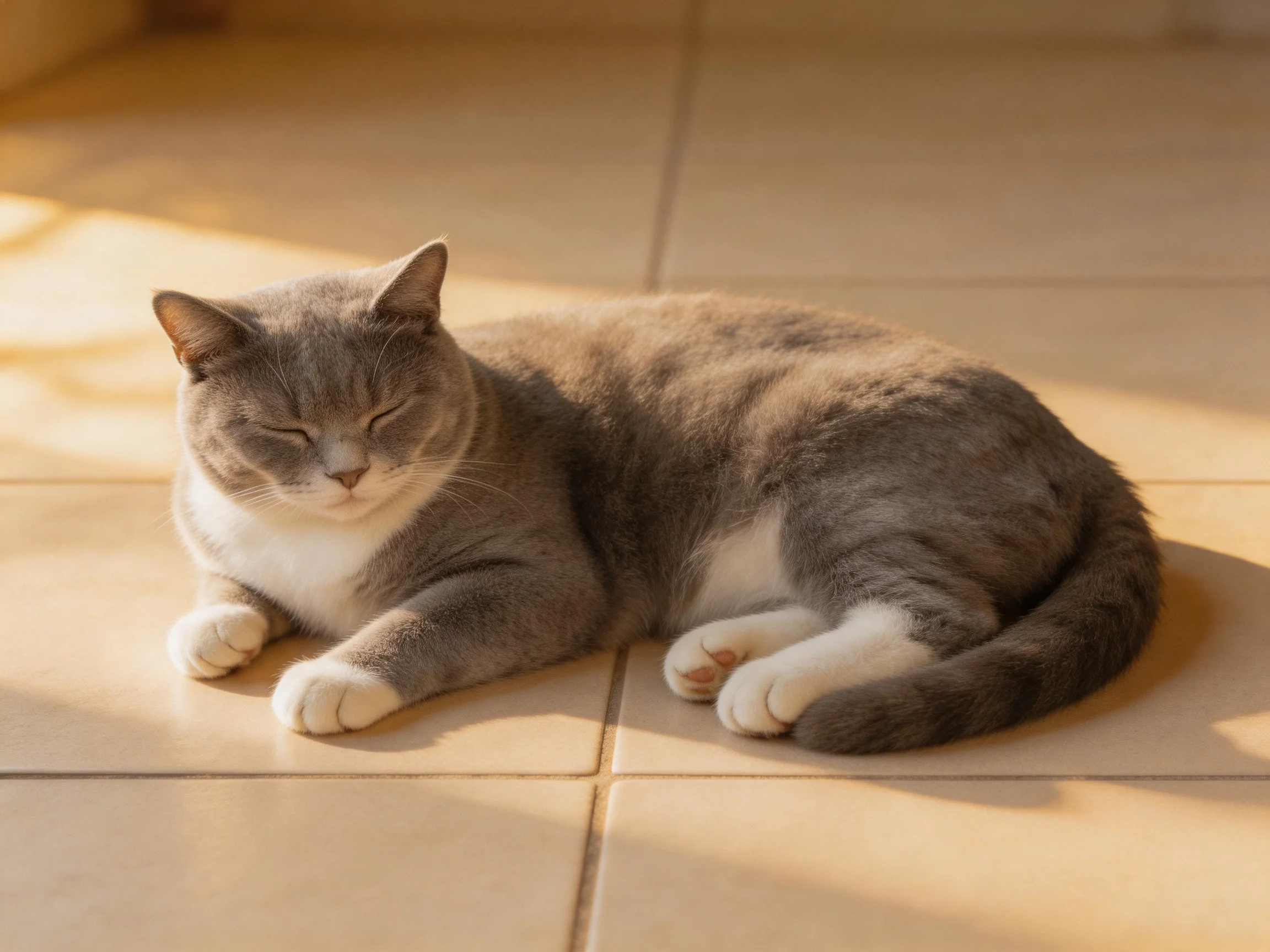 A gray and white cat relaxes on sunlit tiled flooring.