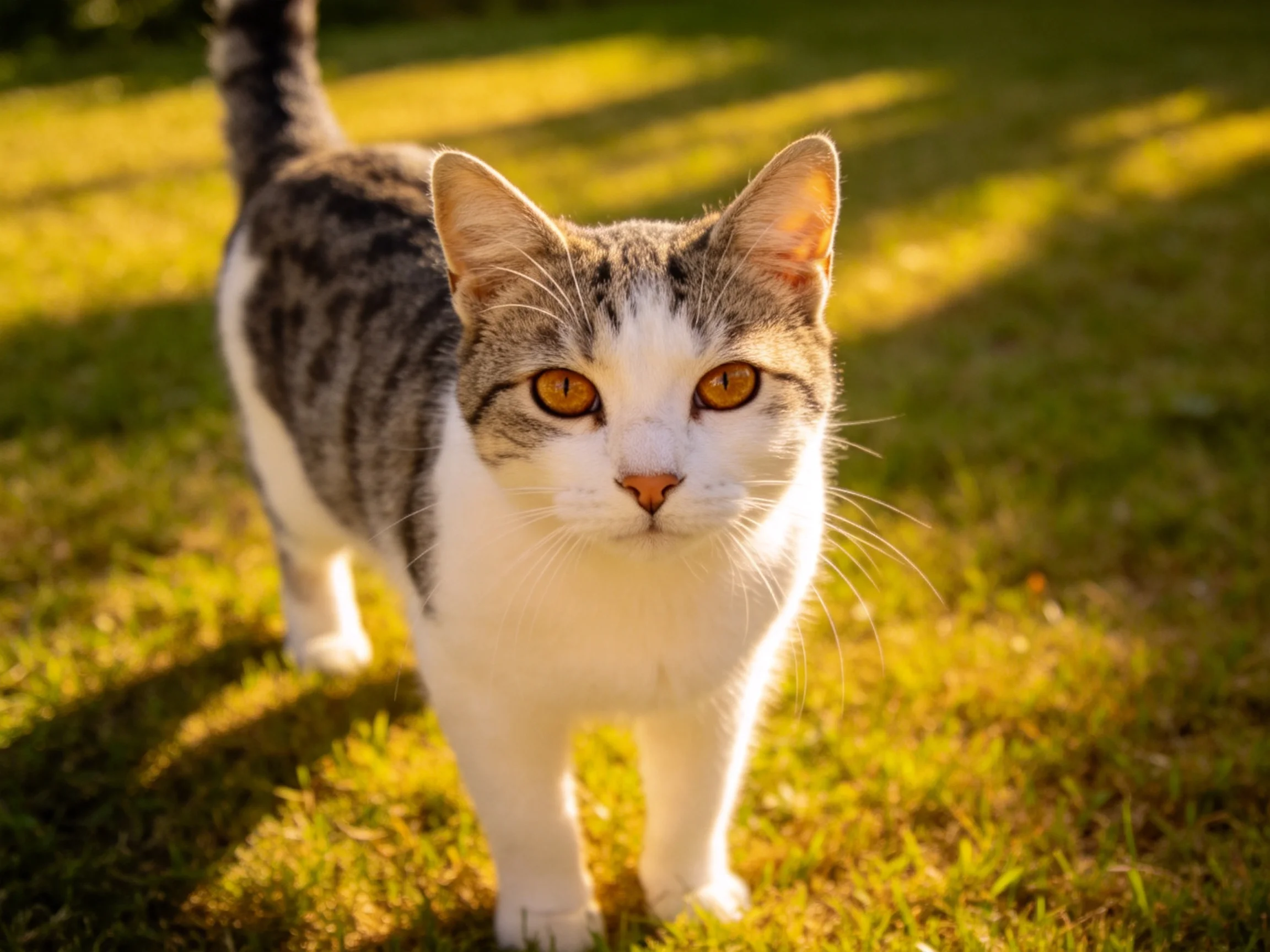 A gray and white cat stands on sunlit grass in a garden.