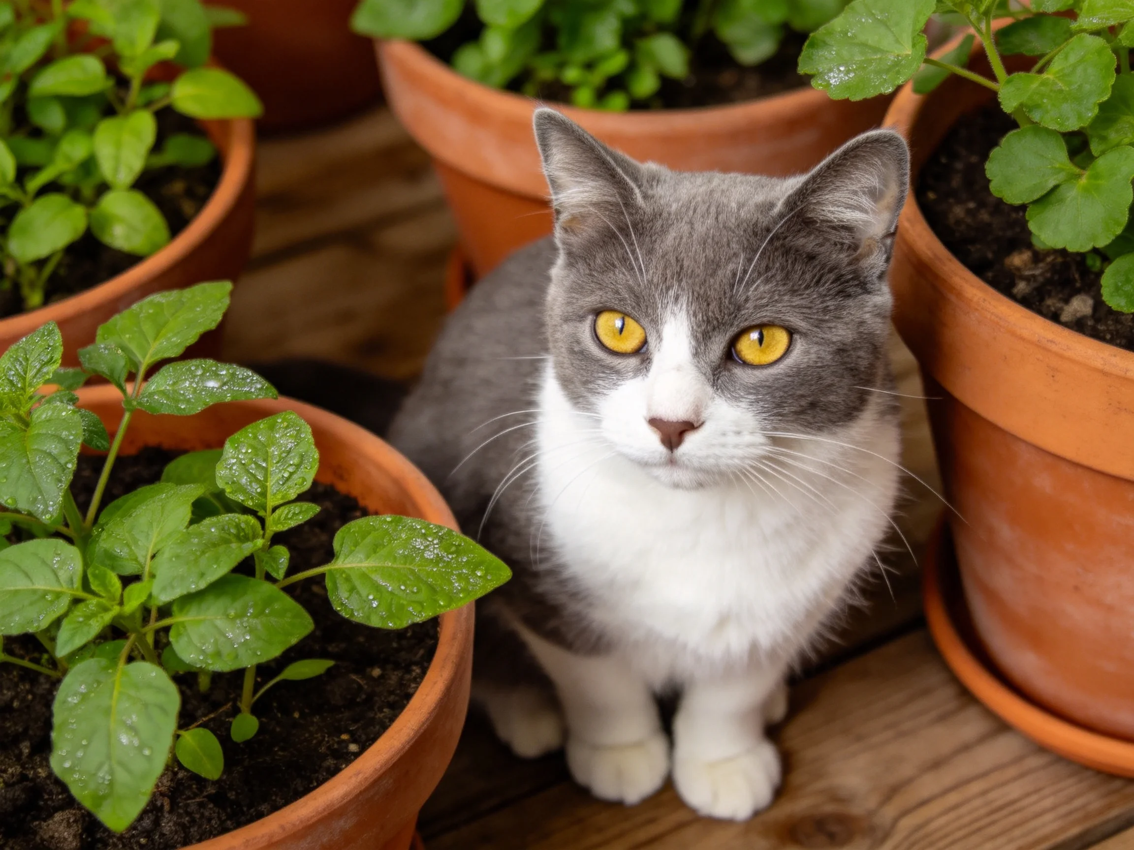 A gray-and-white cat is near terracotta plant pots with green foliage.
