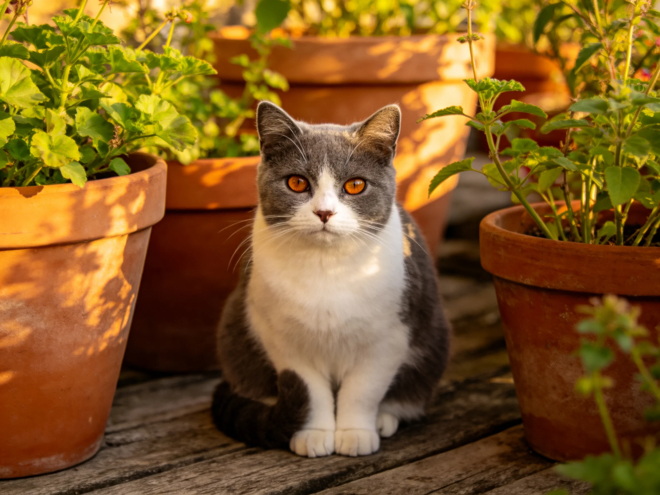 A gray-and-white cat sits near terracotta planters with green foliage in sunlight.
