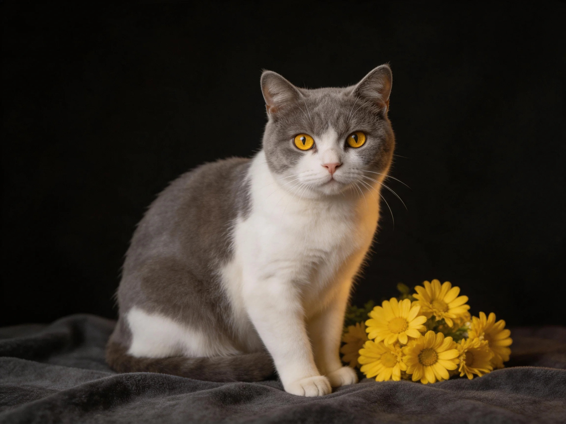 A gray-and-white cat sits near yellow flowers on a dark surface.