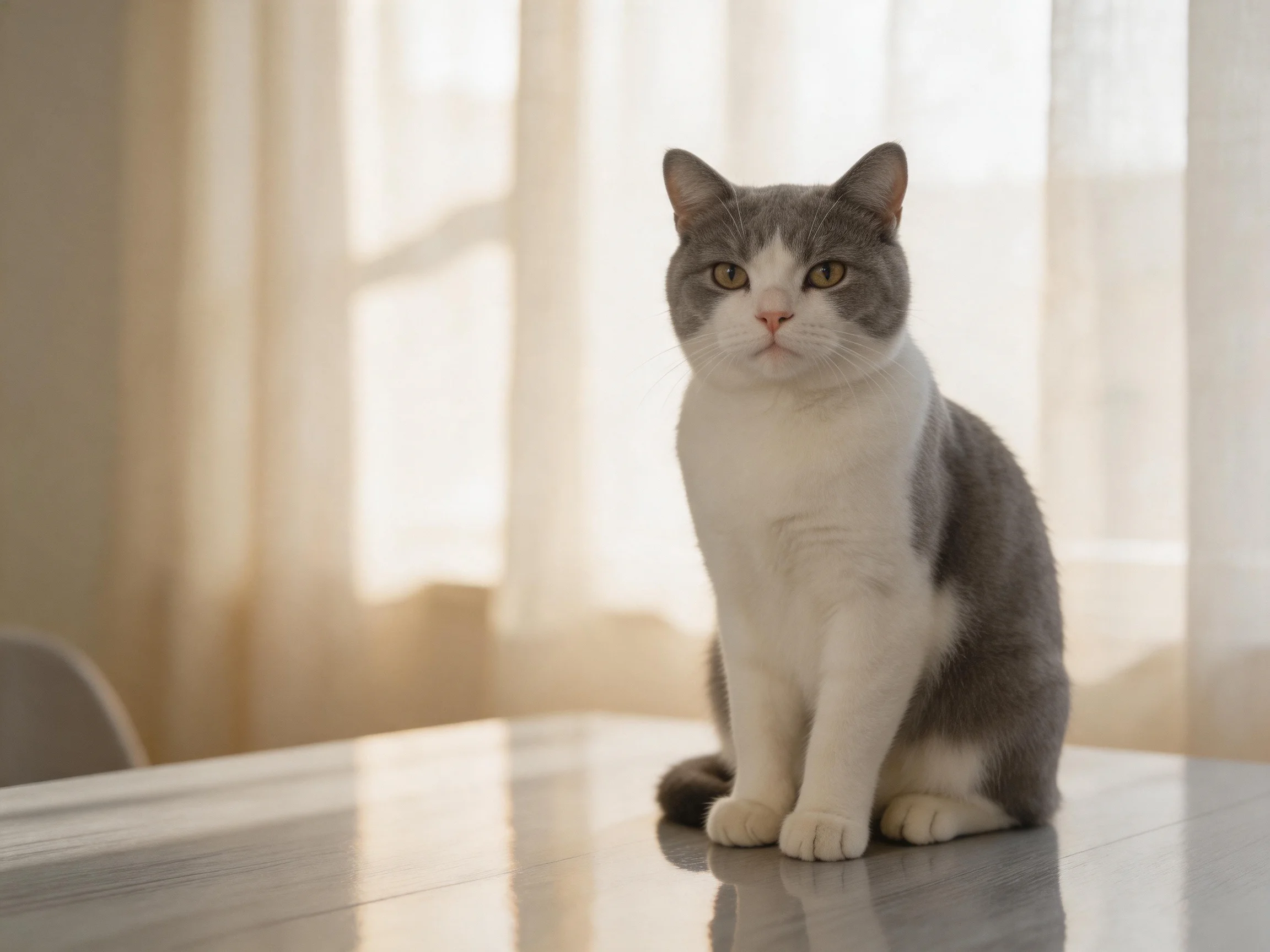 A gray and white cat sits calmly on a glossy table beside sheer curtains